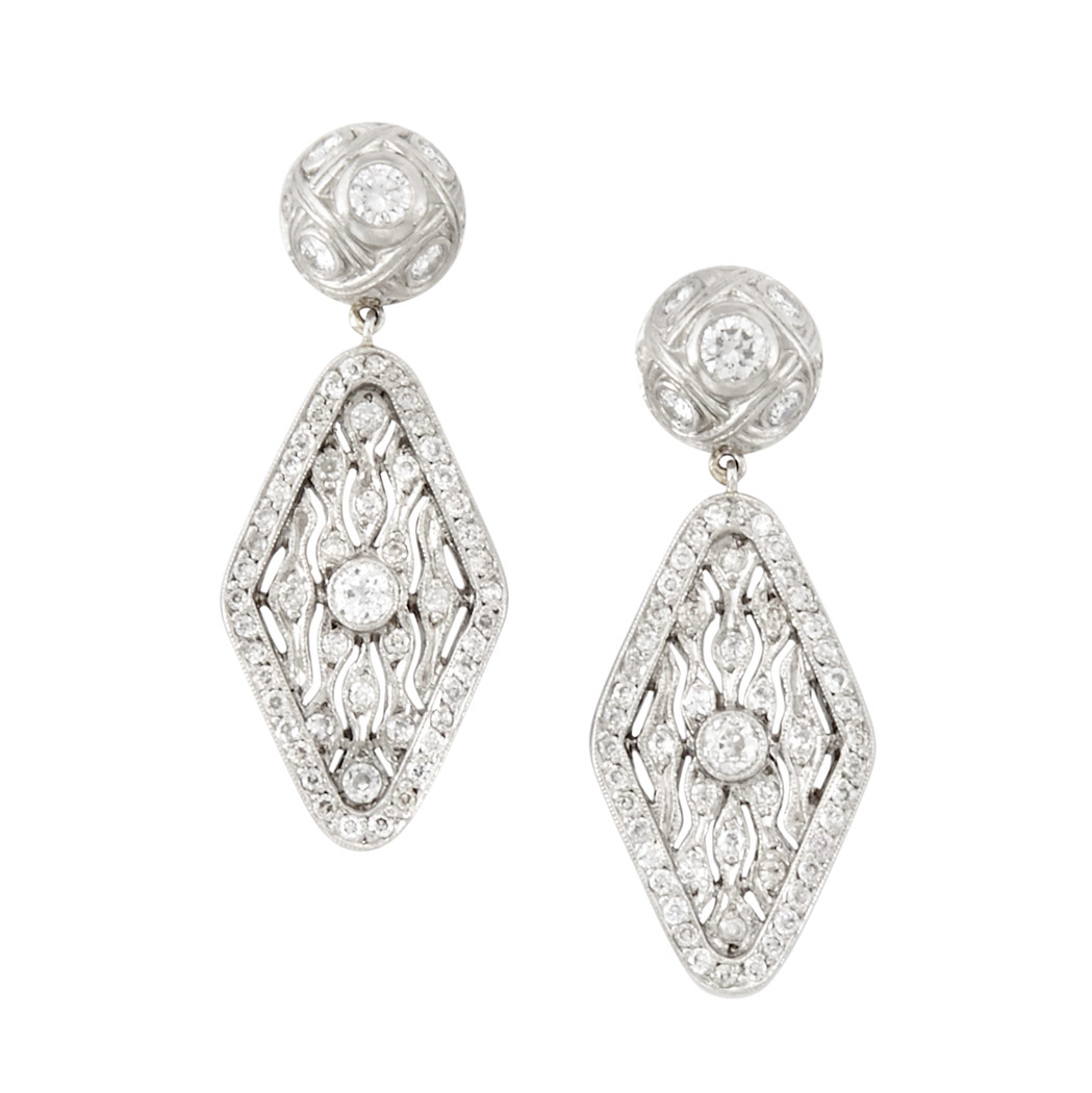 Lot image - Pair of Platinum and Diamond Pendant-Earrings