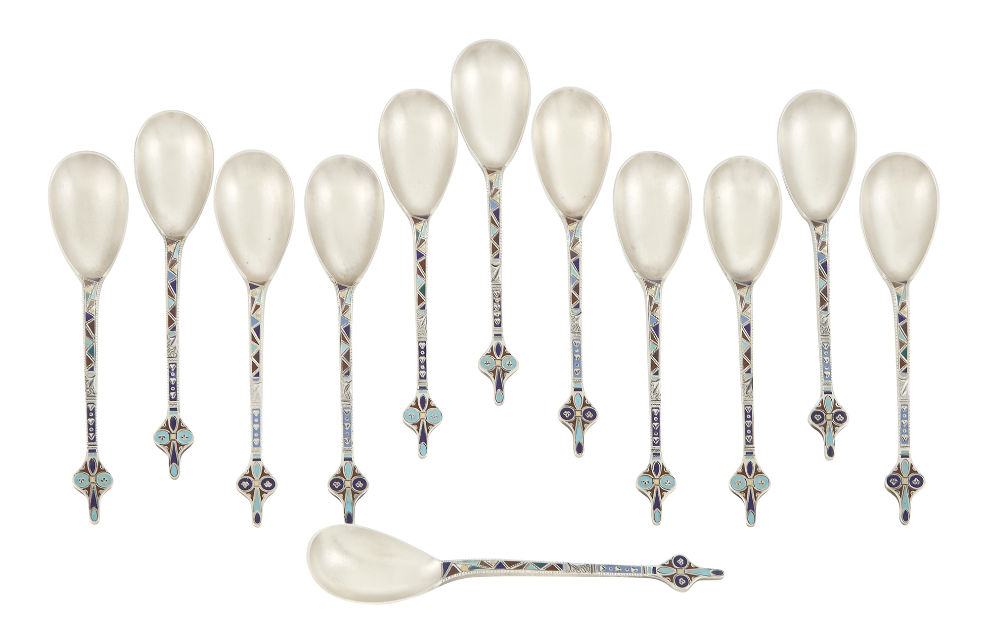 Lot image - Set of Twelve Gorham Sterling Silver and Champlevé Enamel Egg Spoons