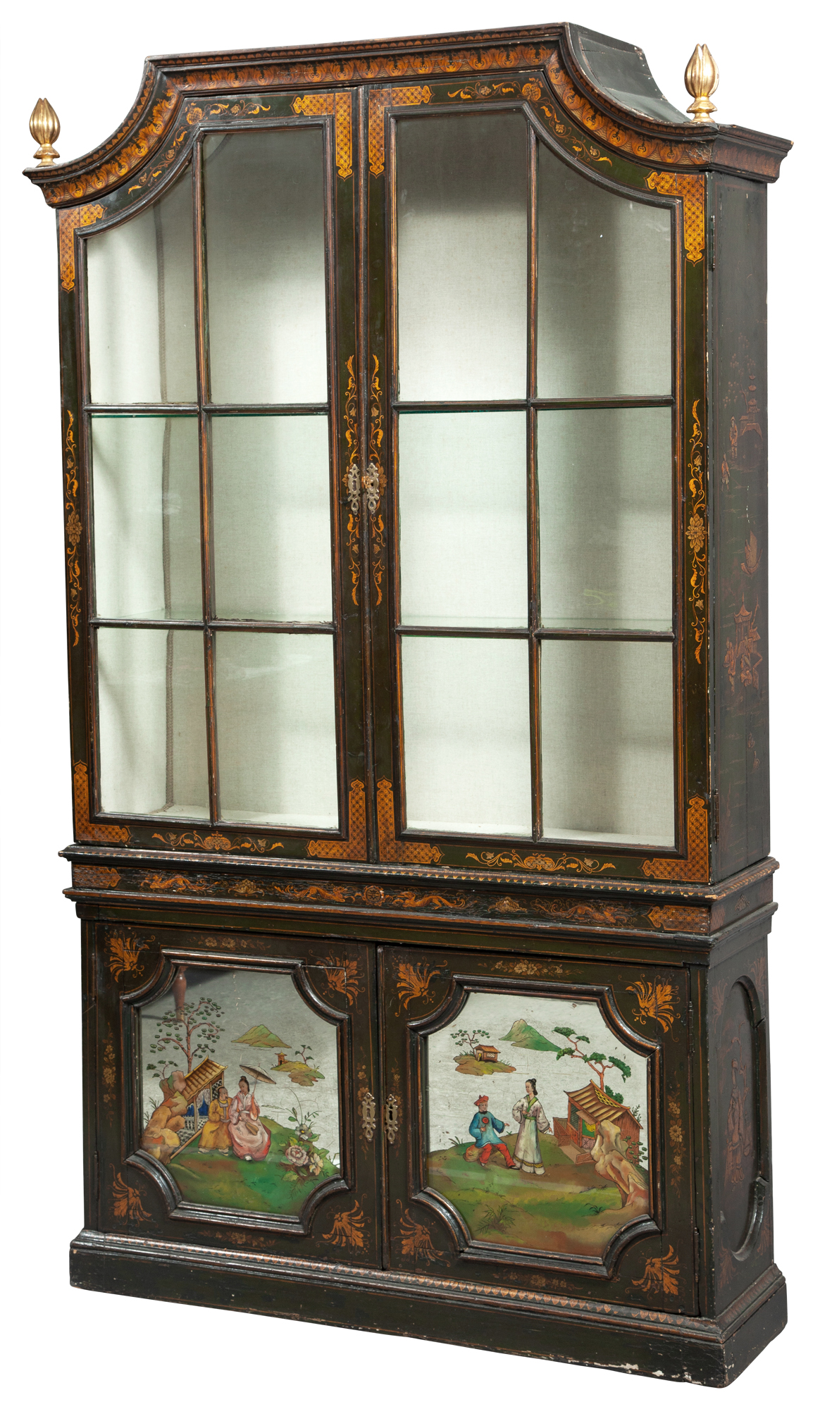 Lot image - George II Style Green- and Gilt-Japanned and Reverse-Painted Mirror-Paneled Cabinet