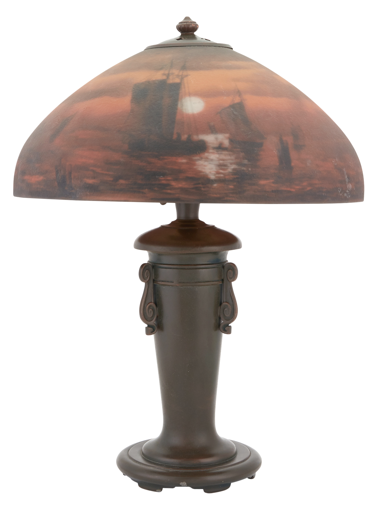 Lot image - Handel Co. Reverse Painted Glass and Patinated Metal Moonlight Nautical Scenic Table Lamp