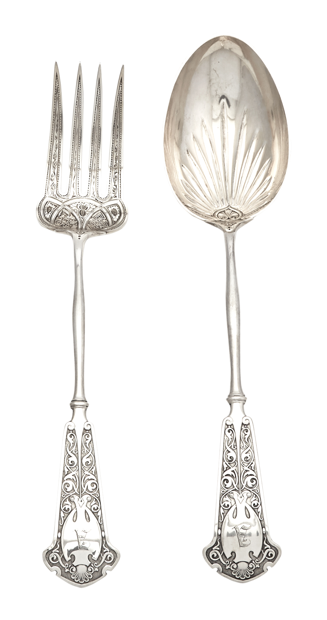Lot image - Braverman & Levy Coin Silver Serving Spoon and Fork Set
