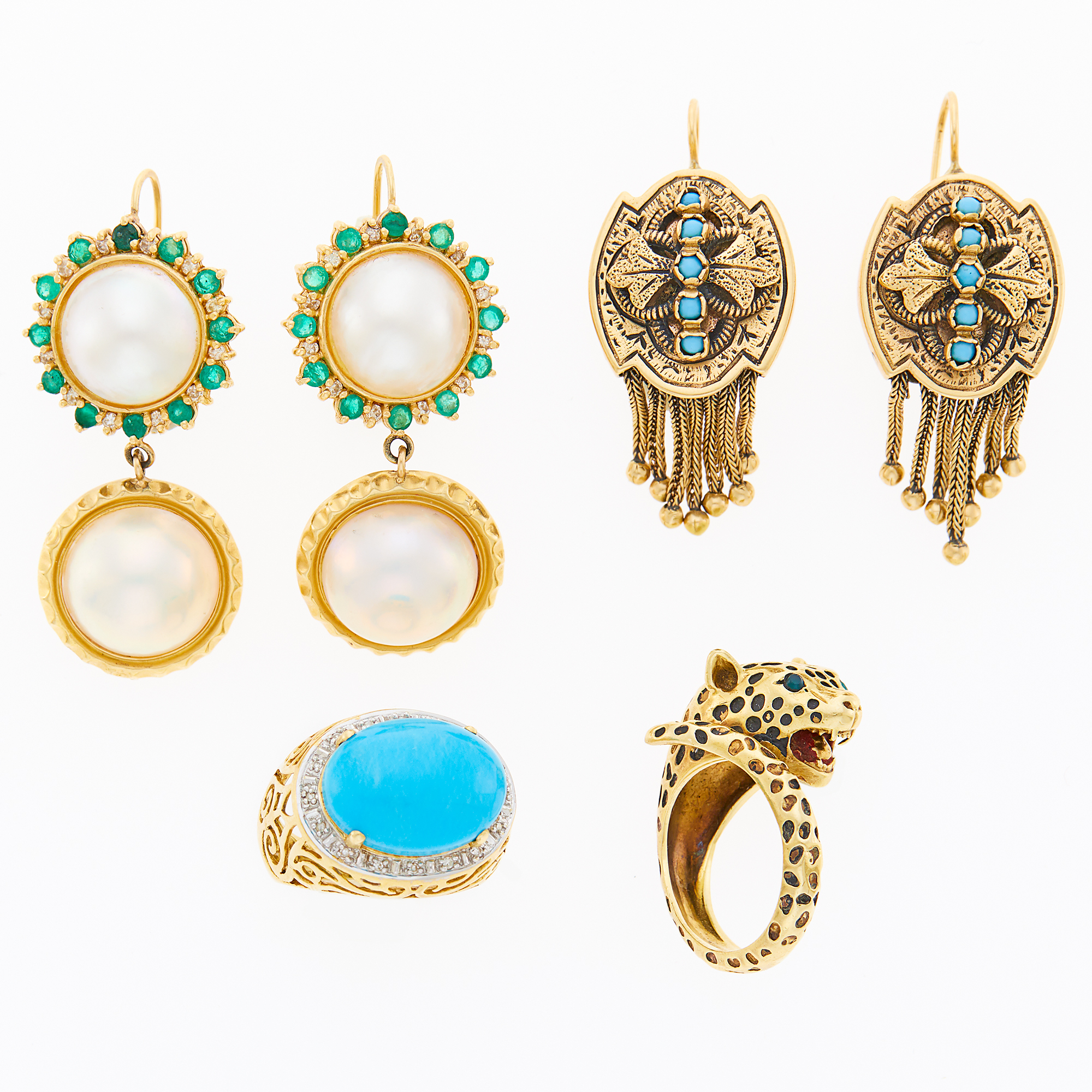 Lot image - Two Pairs of Gold, Mabé Pearl, Turquoise, Emerald, Diamond and Enamel Earrings and Two Rings