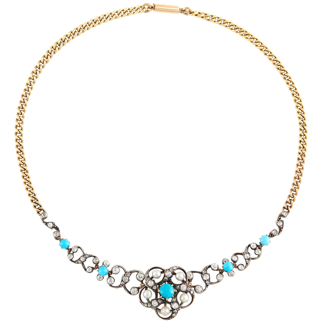 Lot image - Antique Silver, Gold, Turquoise, Pearl and Diamond Necklace