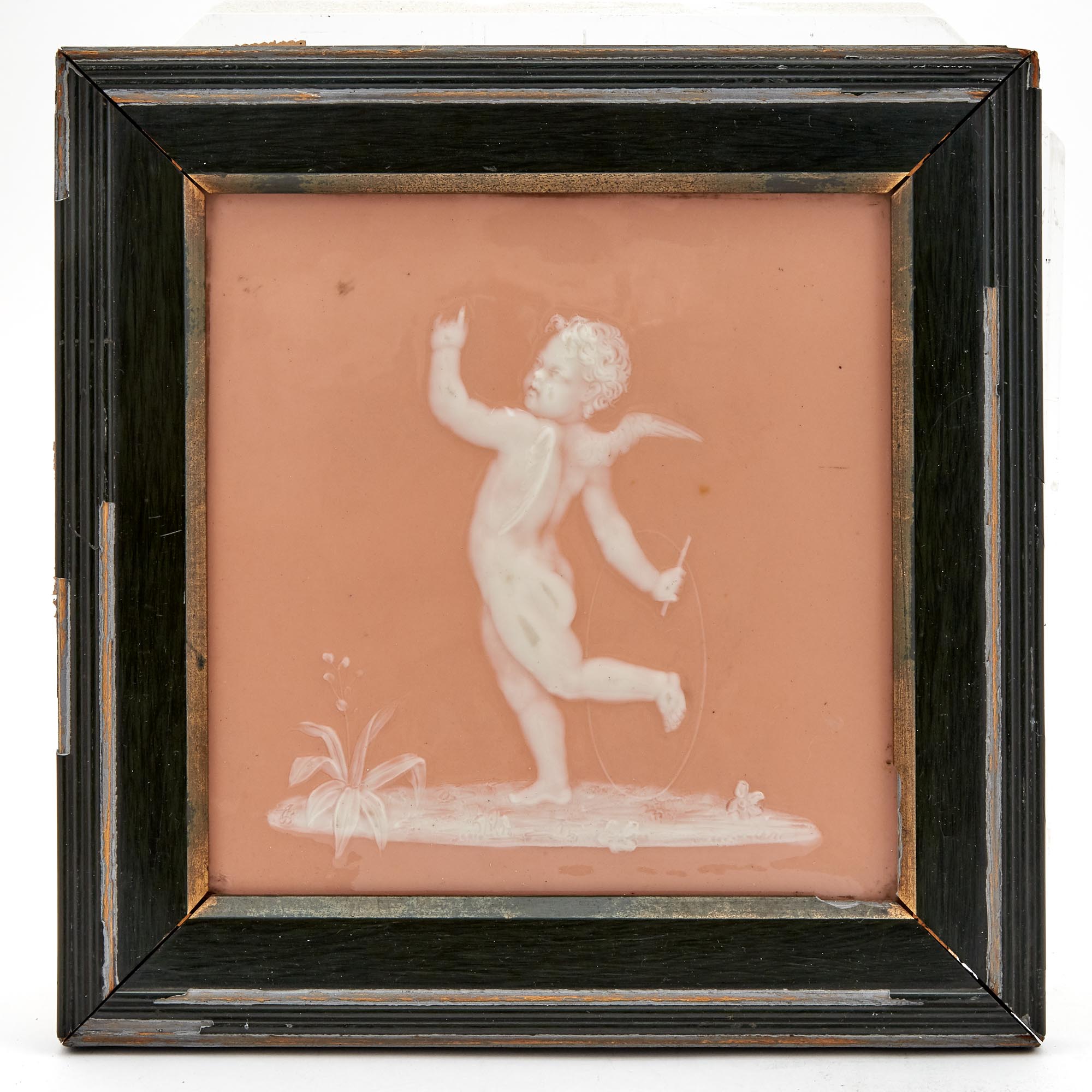 Lot image - English Pâte-Sur-Pâte Pink Tinted Porcelain Plaque of Cupid with Hoop