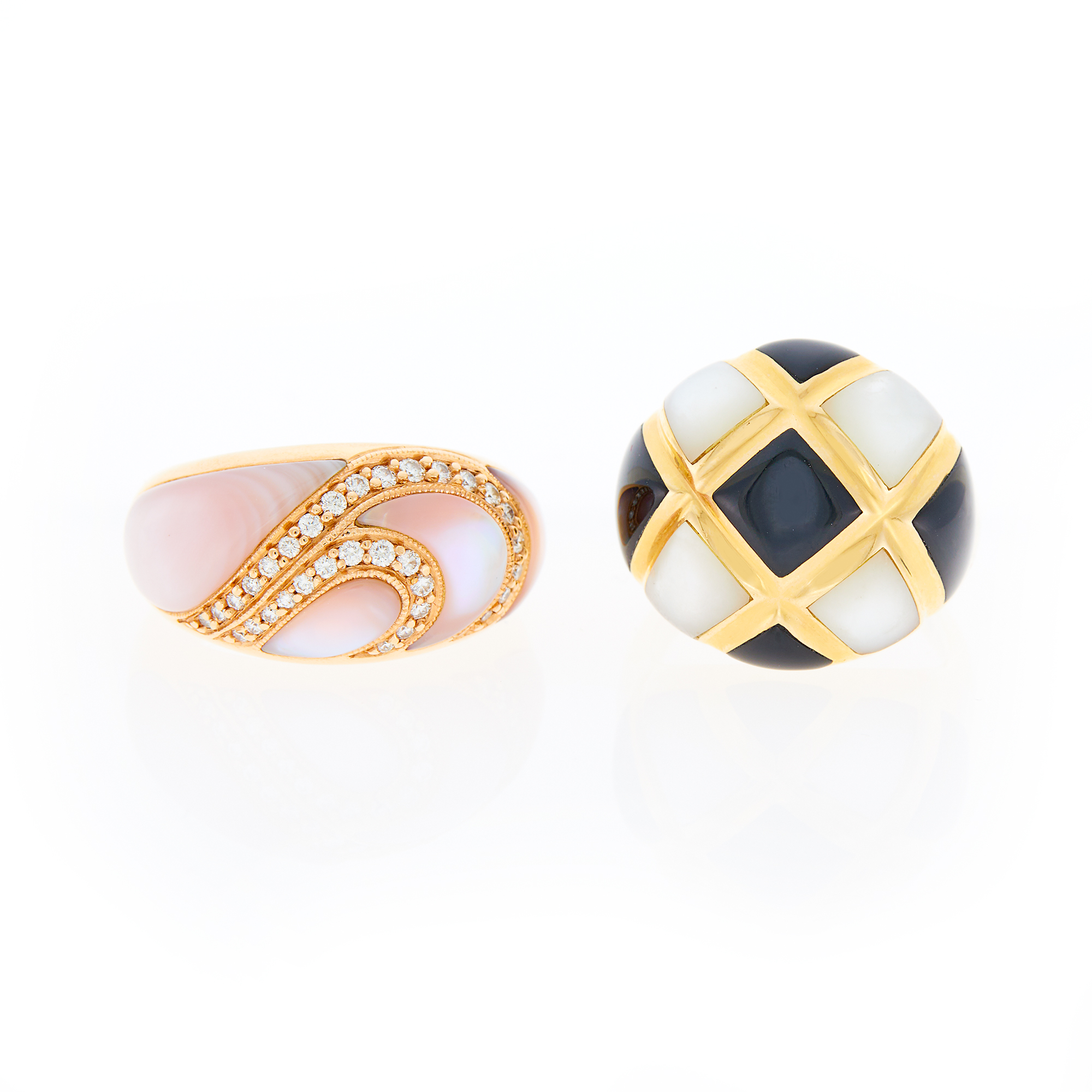 Lot image - Two Yellow and Rose Gold, Mother-of-Pearl, Black Onyx and Diamond Rings
