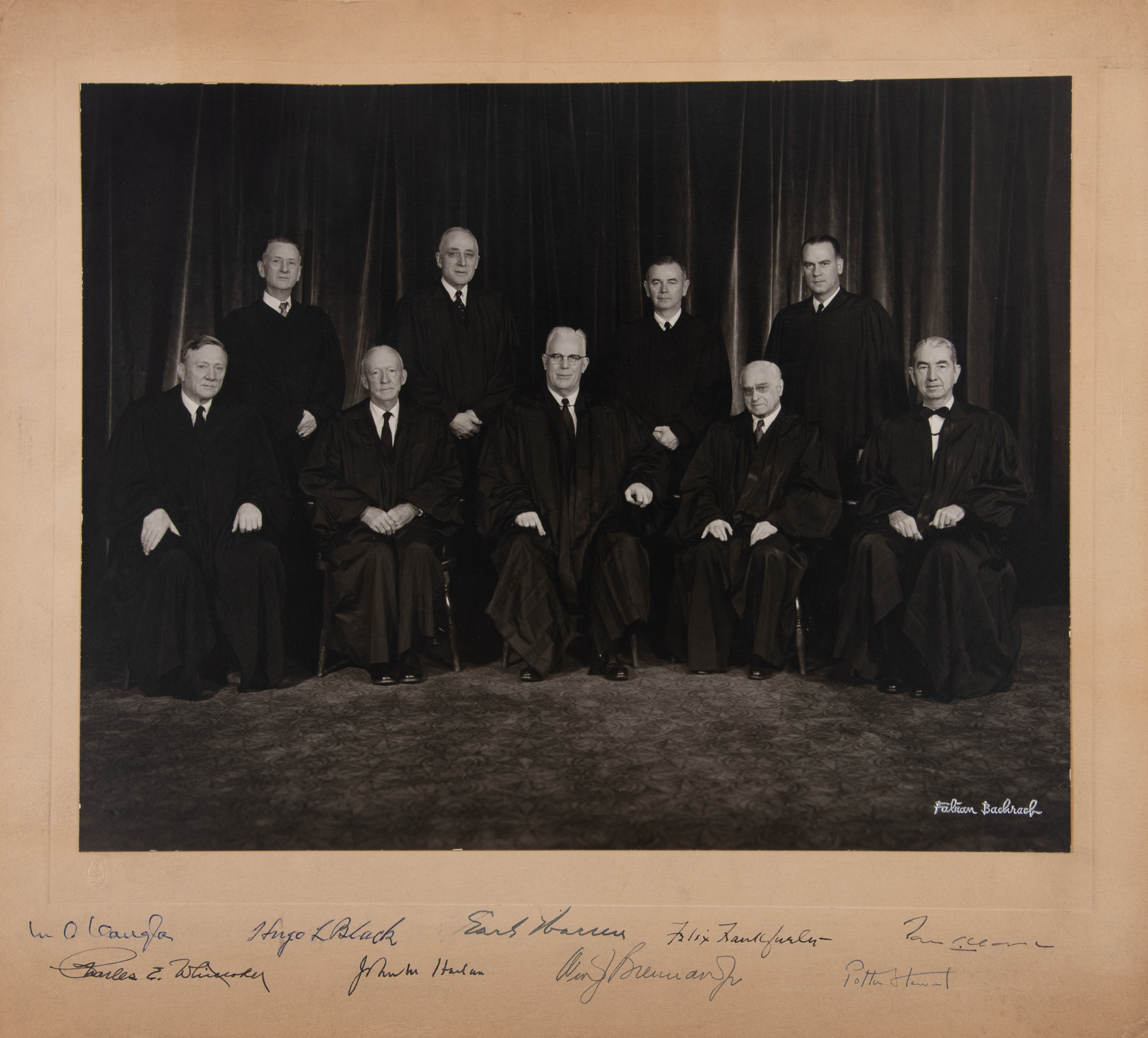 Lot image - [SUPREME COURT]  Group photograph of the 1957-1962 Warren Court taken by Fabian Bachrach.