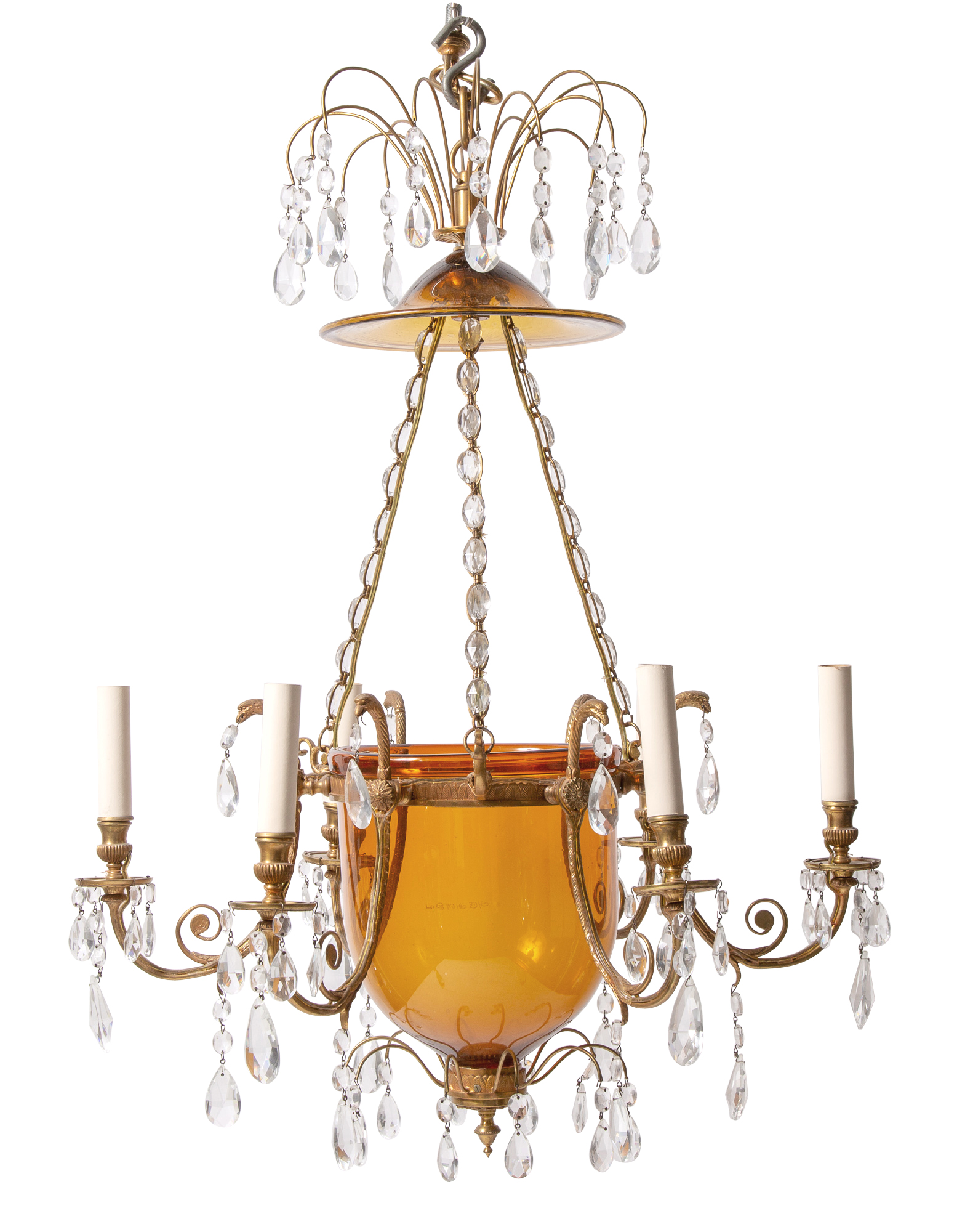 Lot image - Russian Neoclassical Style Amber Glass and Cut Glass Six-Light Chandelier