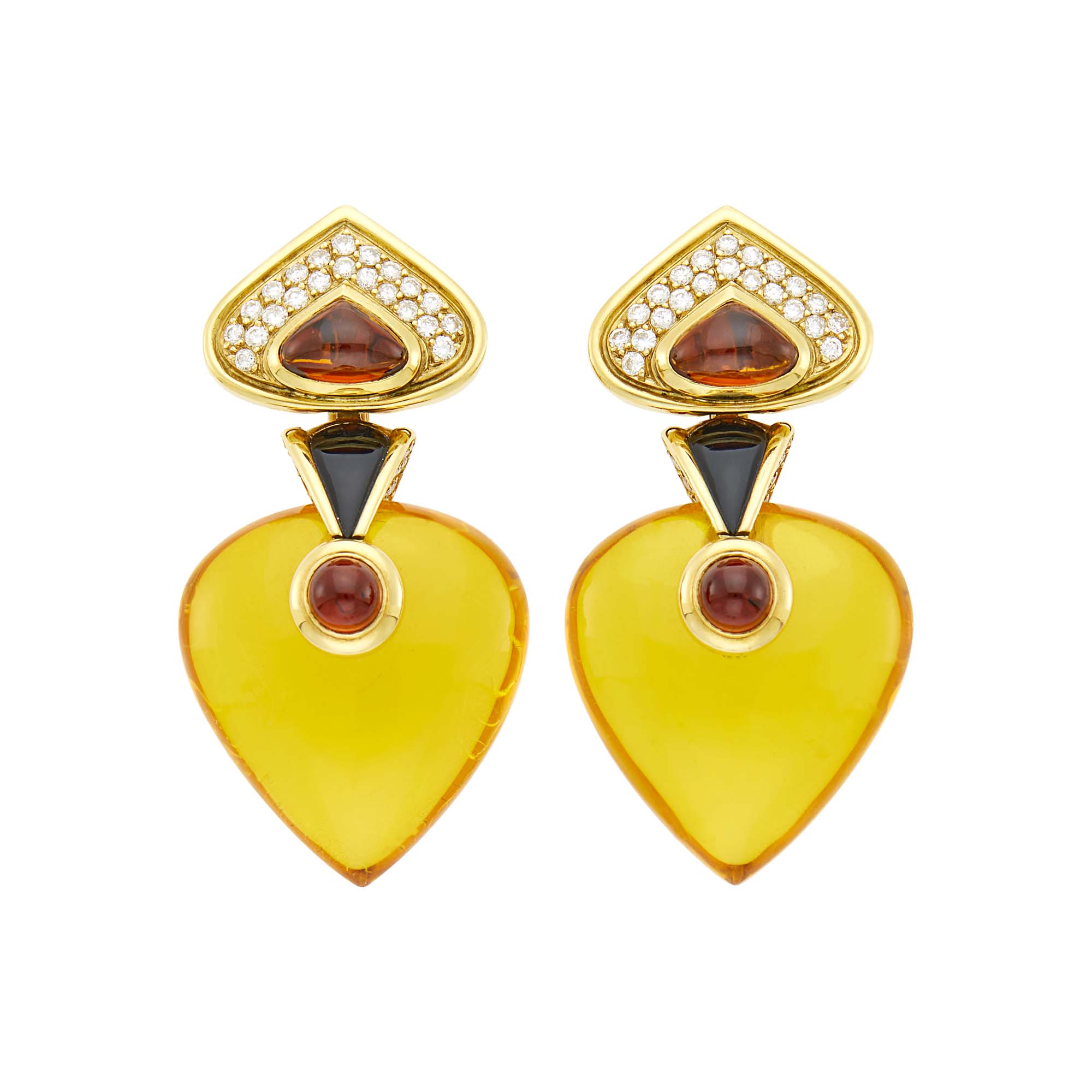 Lot image - Marina B Pair of Gold, Amber, Cabochon Citrine, Black Onyx and Diamond Pneu Pendant-Earclips, France