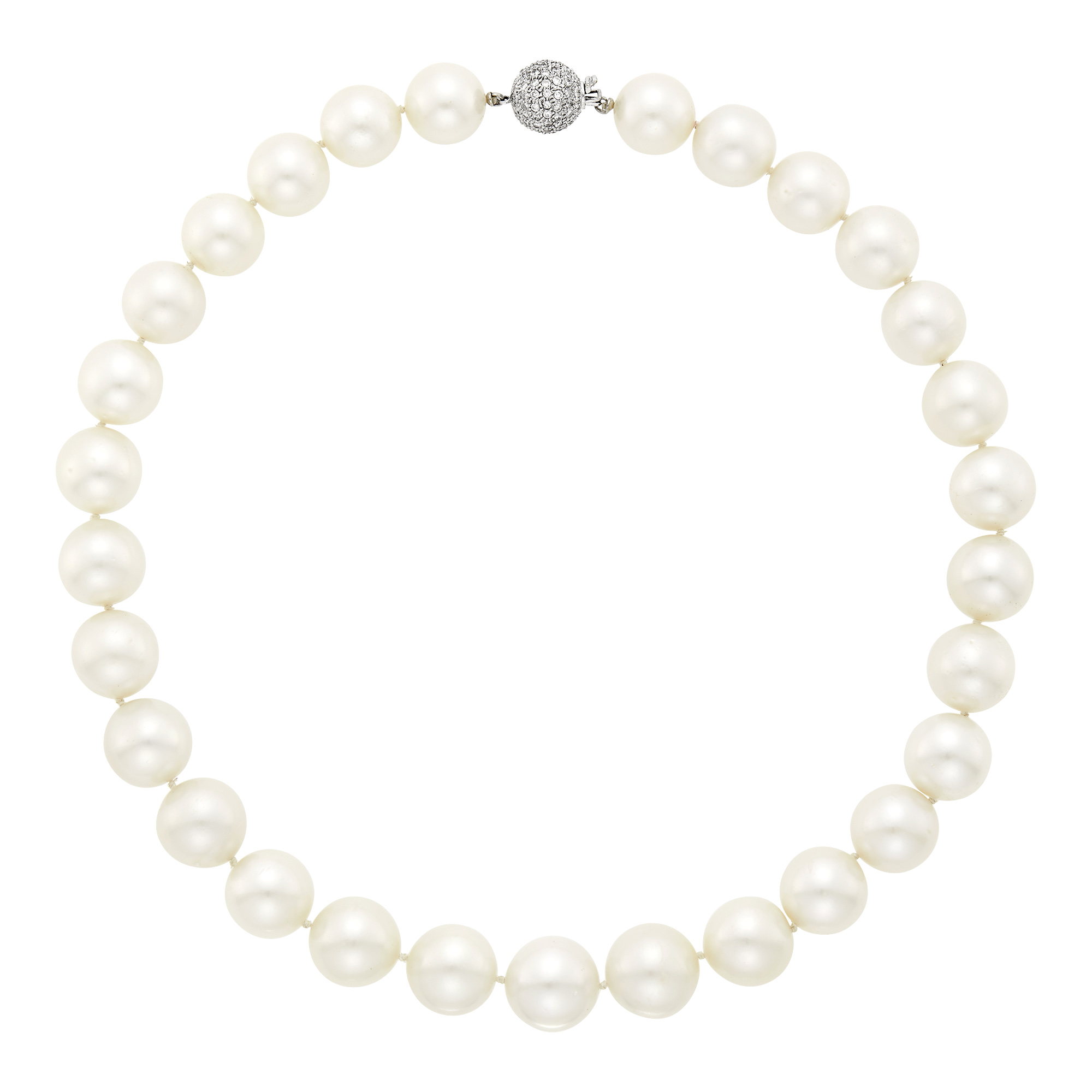 Lot image - South Sea Cultured Pearl Necklace with White Gold and Diamond Ball Clasp