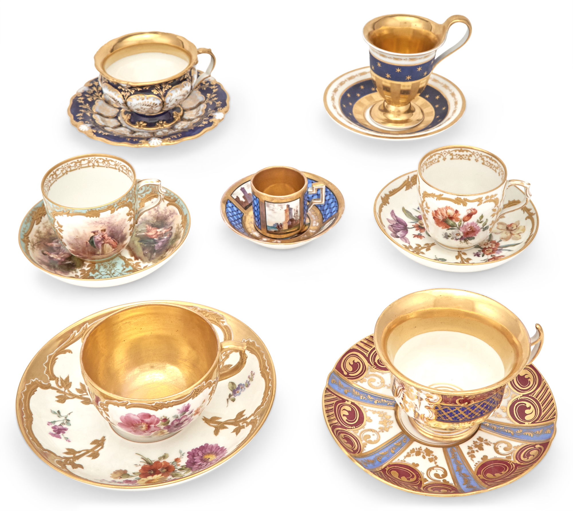 Lot image - Group of Continental Gilt and Polychrome Decorated Porcelain Cups and Saucers