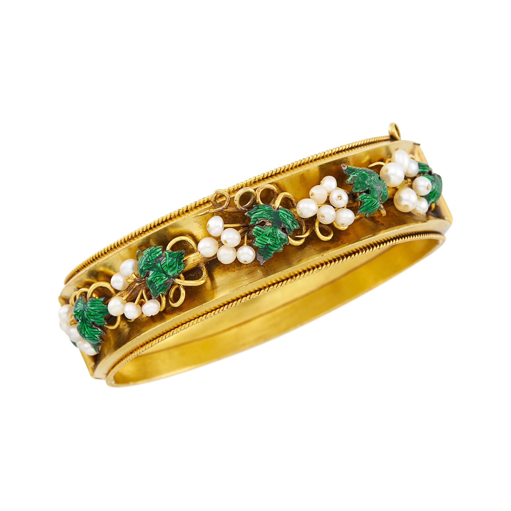 Lot image - Antique Gold, Green Enamel and Freshwater Pearl Bangle Bracelet