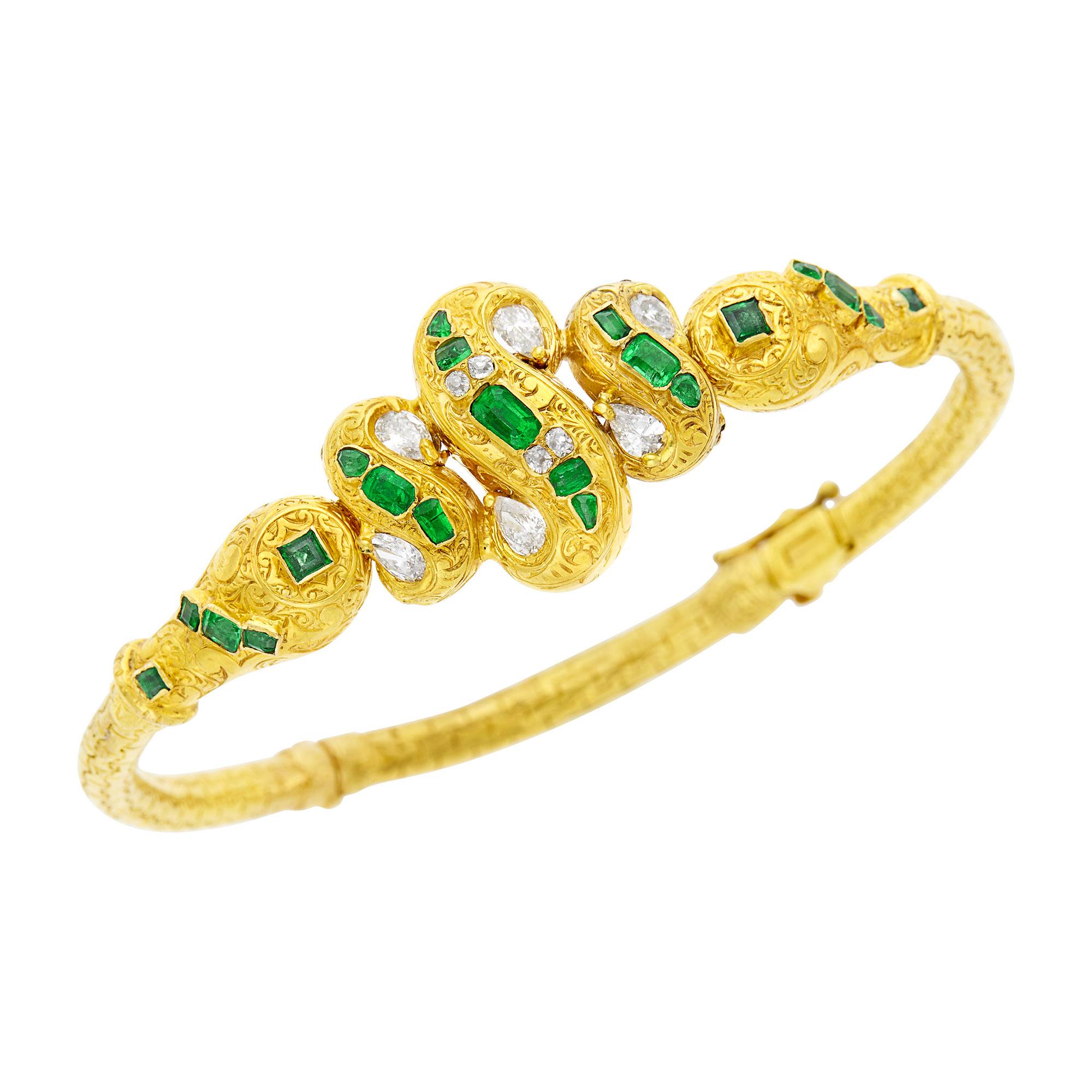 Lot image - Gold, Emerald and Diamond Bangle Bracelet