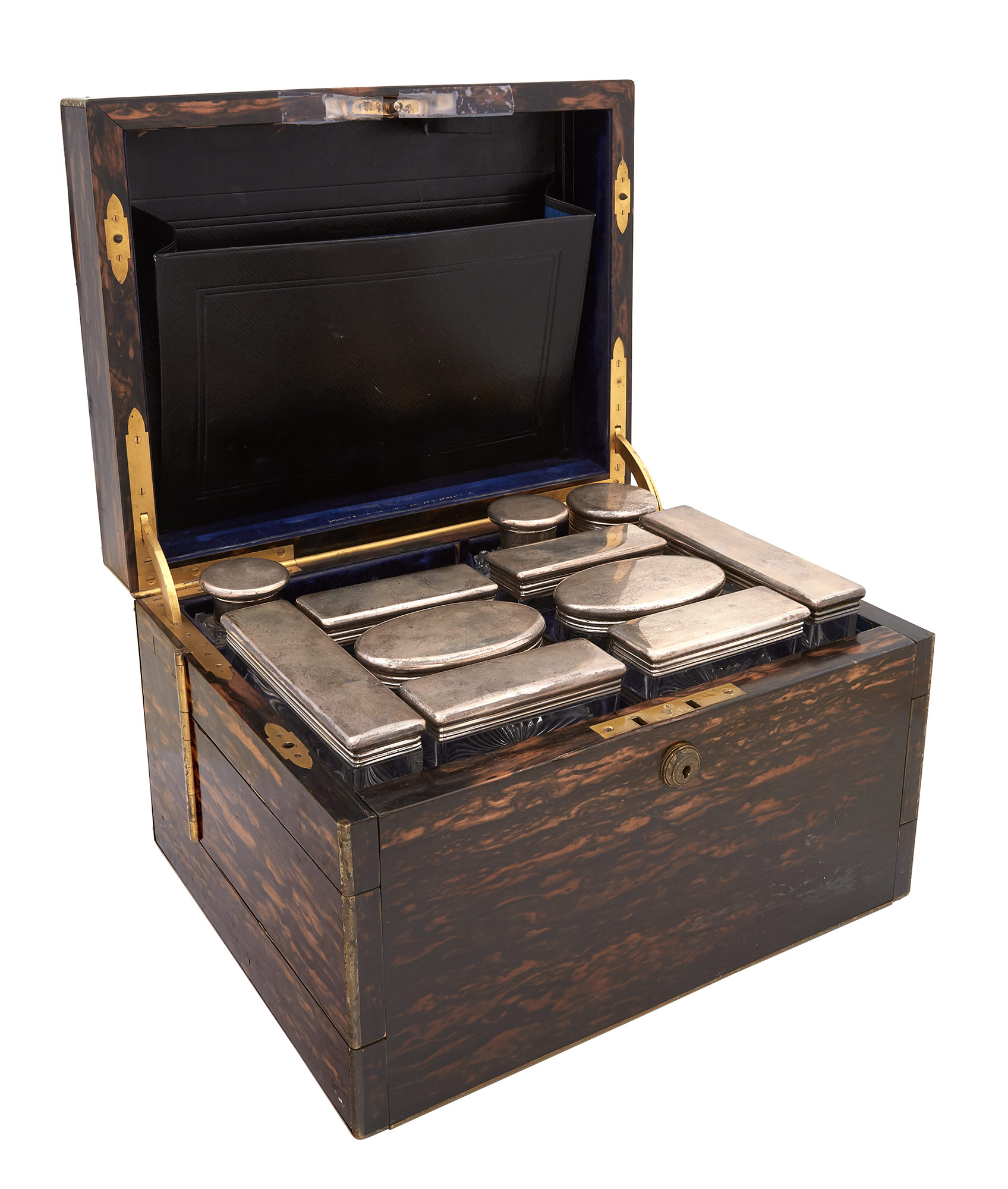 Lot image - Victorian Sterling Silver and Glass Traveling Dressing Set