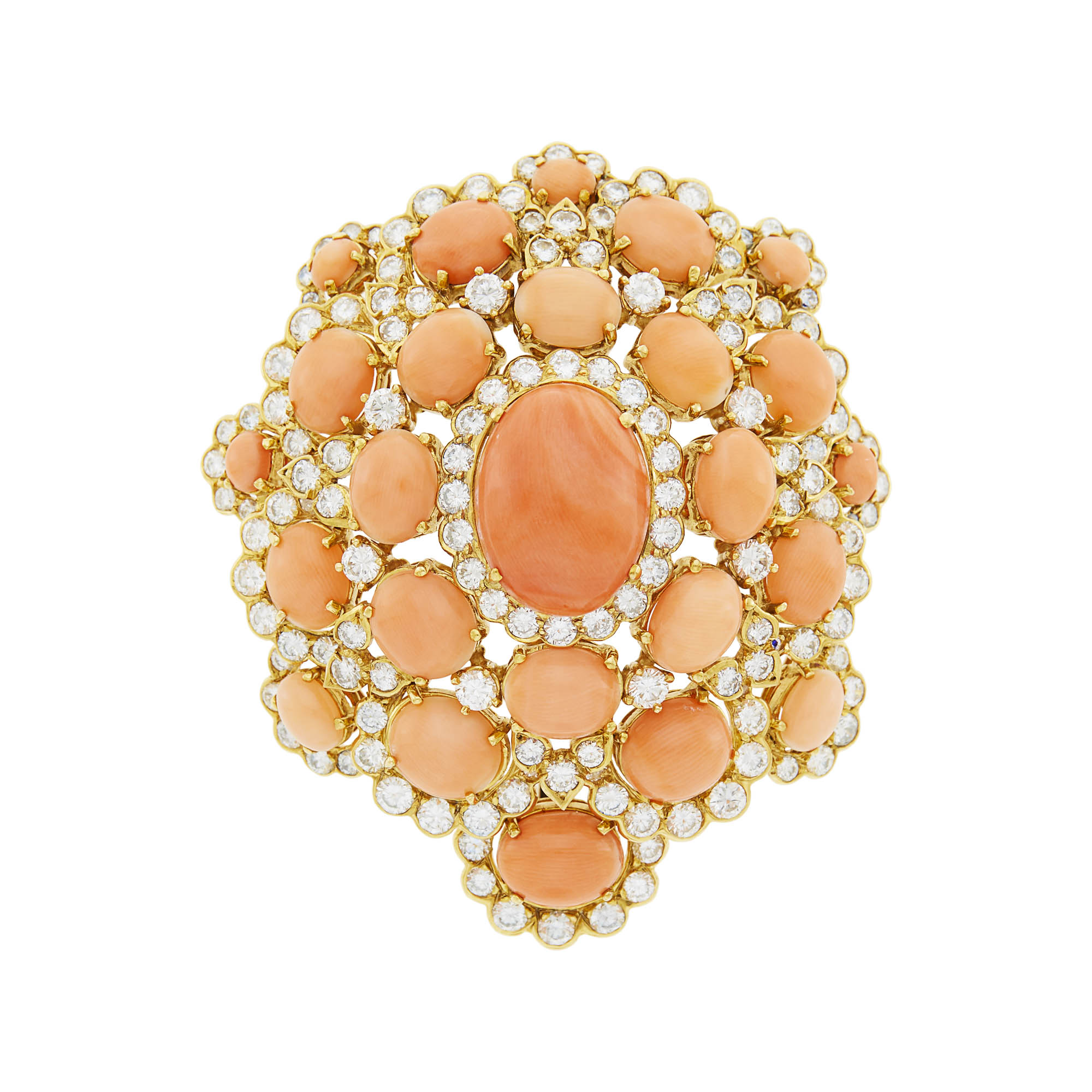 Lot image - Gold, Angel Skin Coral and Diamond Clip-Brooch