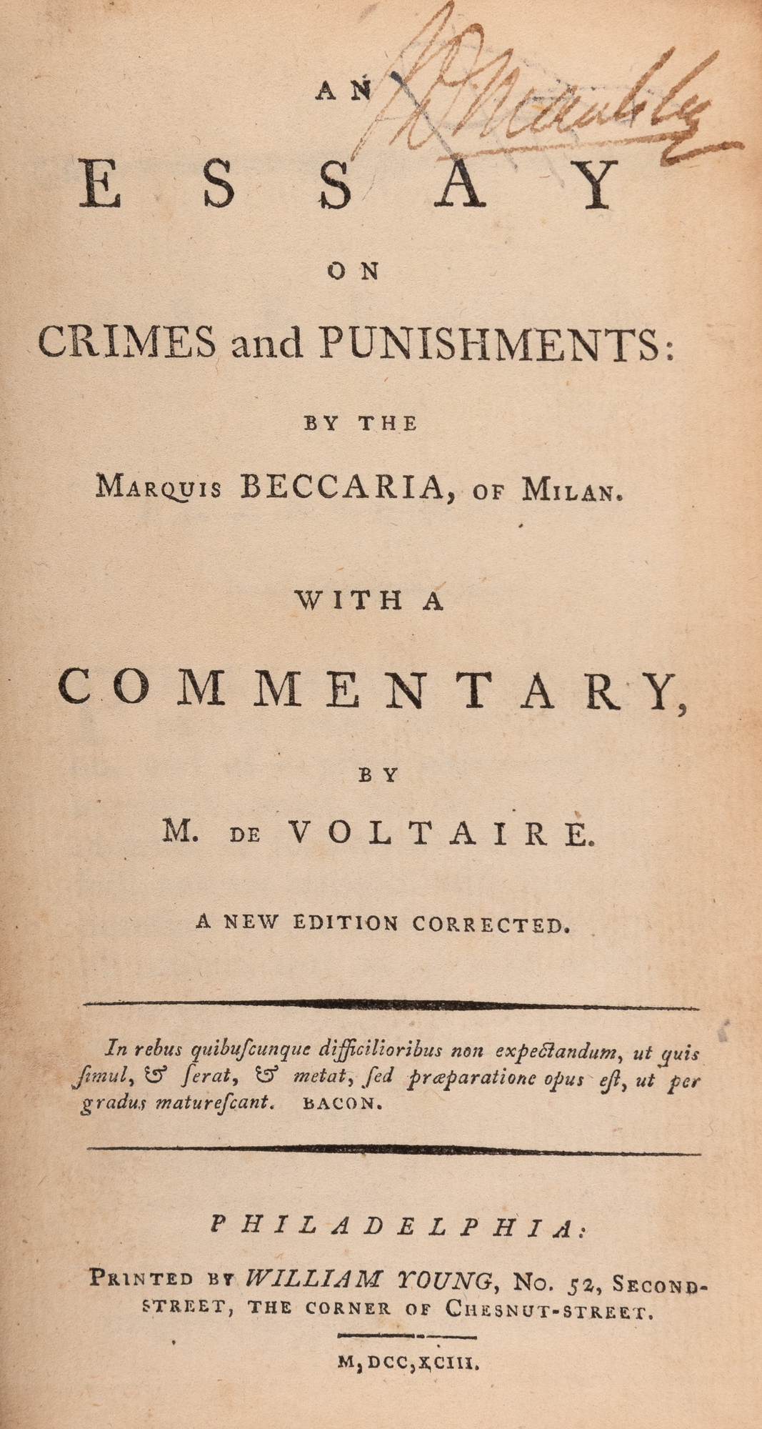 Lot image - [CRIMINOLOGY]  BECCARIA, CESARE, Marquis of Milan. An Essay on Crimes and Punishments ...  With a commentary, by M. de Voltaire.