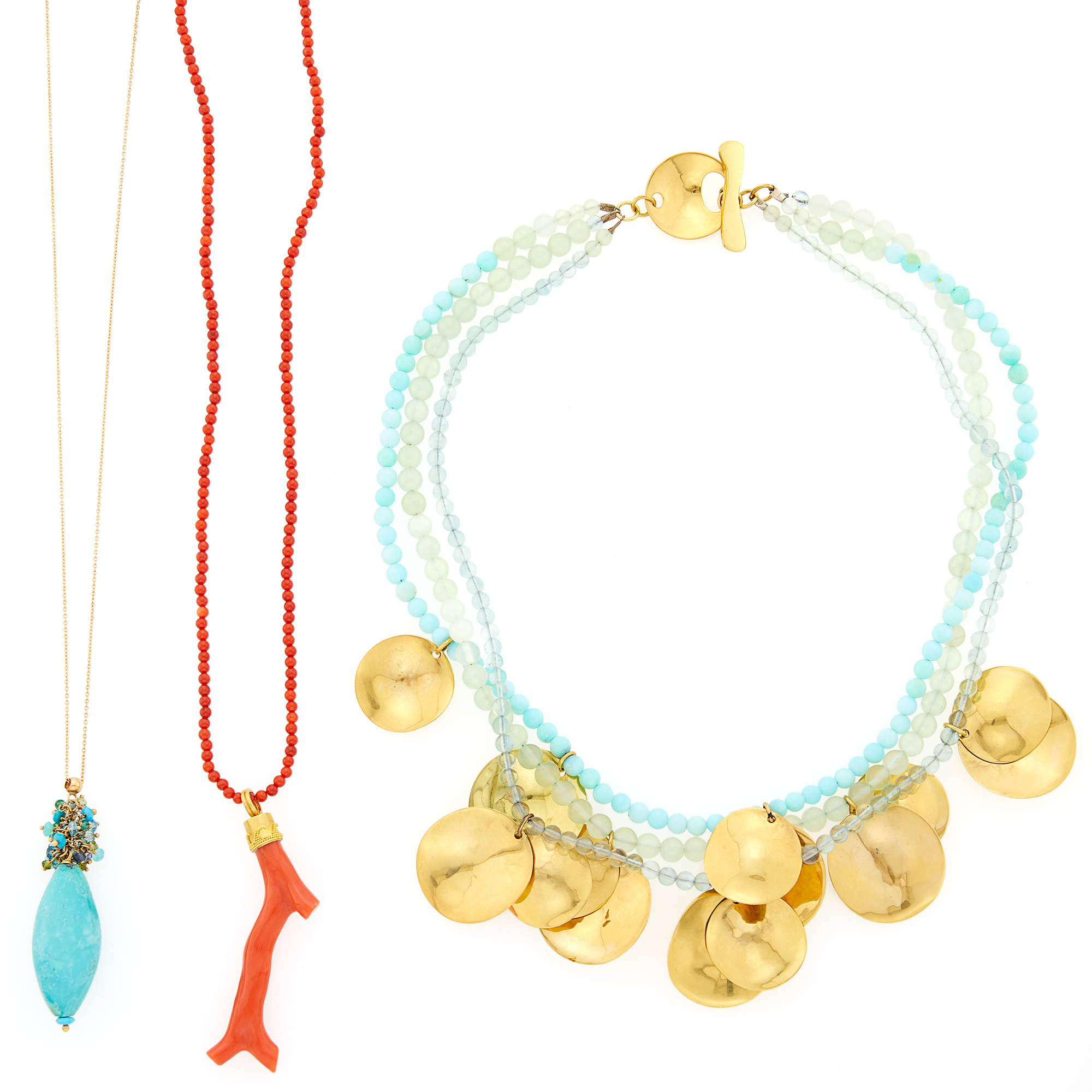 Lot image - Gold, Turquoise and Gem-Set Bead Pendant-Necklace, Triple Strand Bead and Gold Necklace and Long Coral Bead Necklace