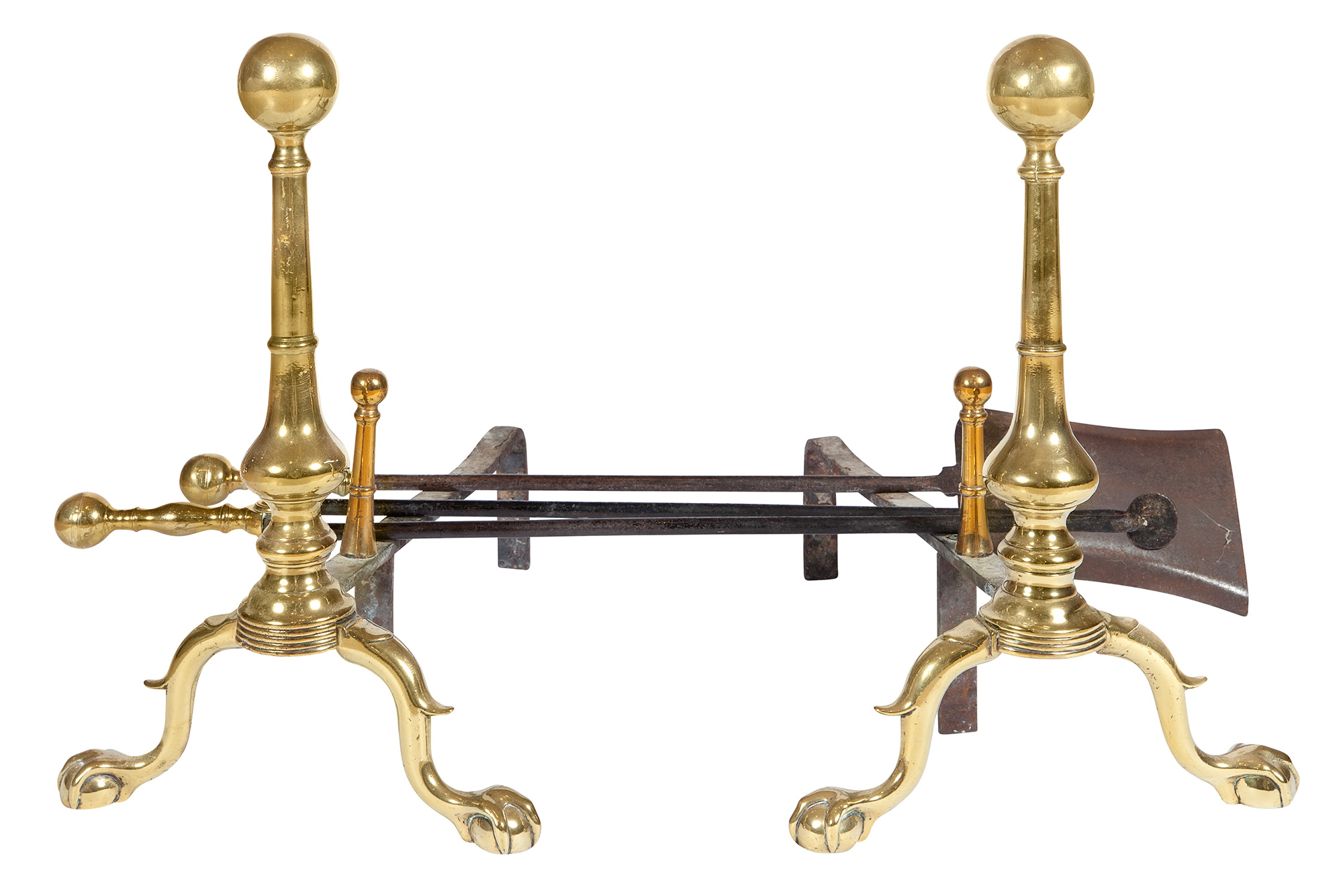 Lot image - Pair of Brass and Wrought Iron Andirons