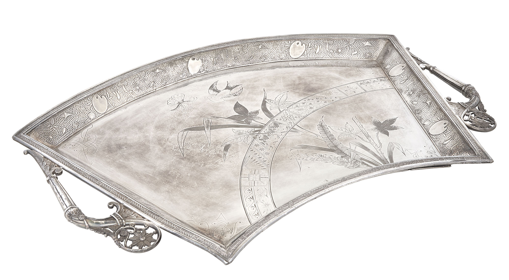 Lot image - Victorian Aesthetic Movement Silver Plated Fan-Shaped Two-Handled Tray