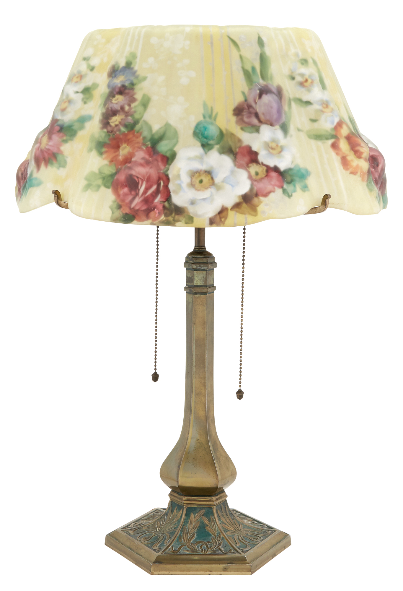 Lot image - Pairpoint Mfg. Co. Gilt and Green Patinated Metal and Reverse Painted Glass Devonshire Puffy Table Lamp