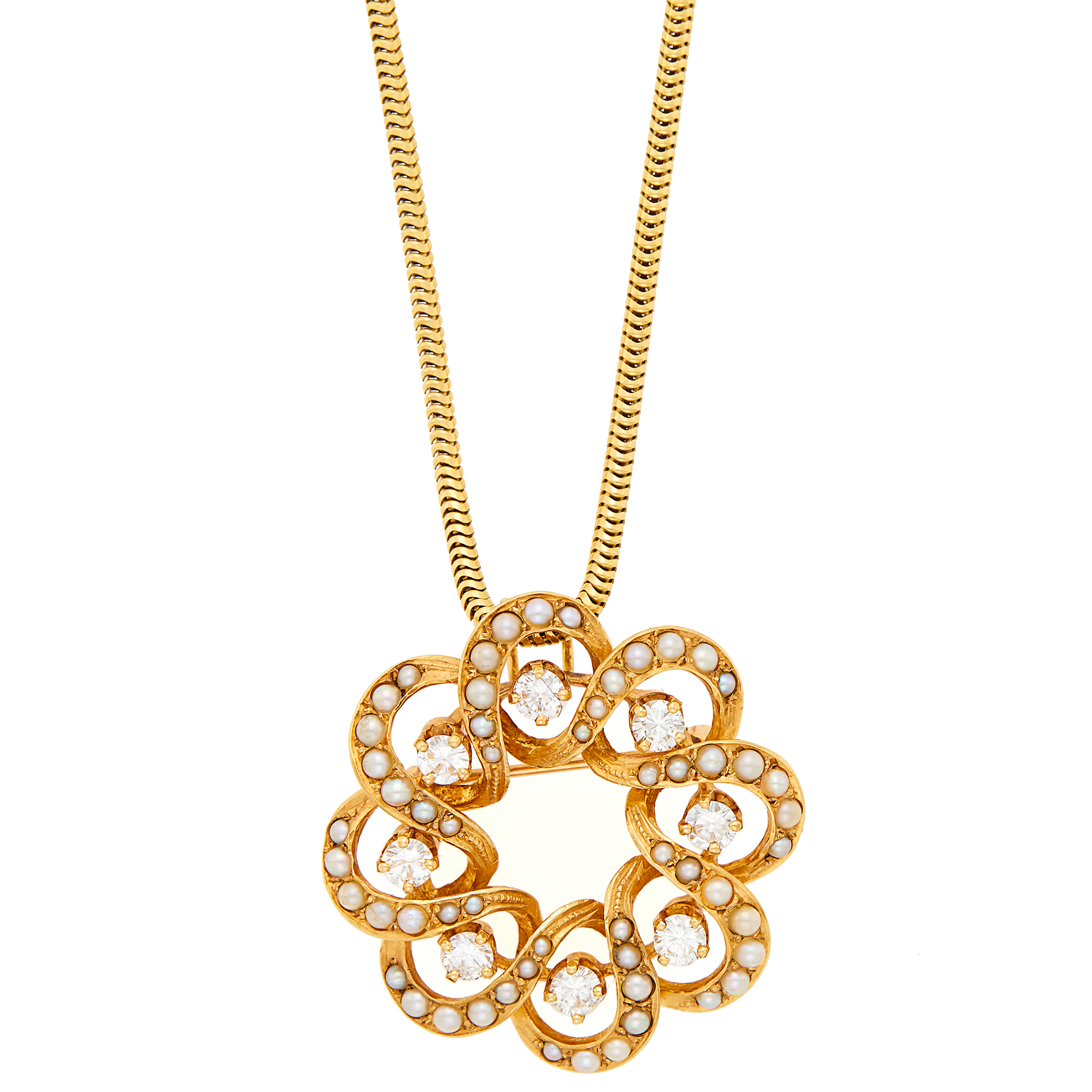 Lot image - Gold, Diamond and Seed Pearl Pendant-Brooch with Long Snake Chain Necklace