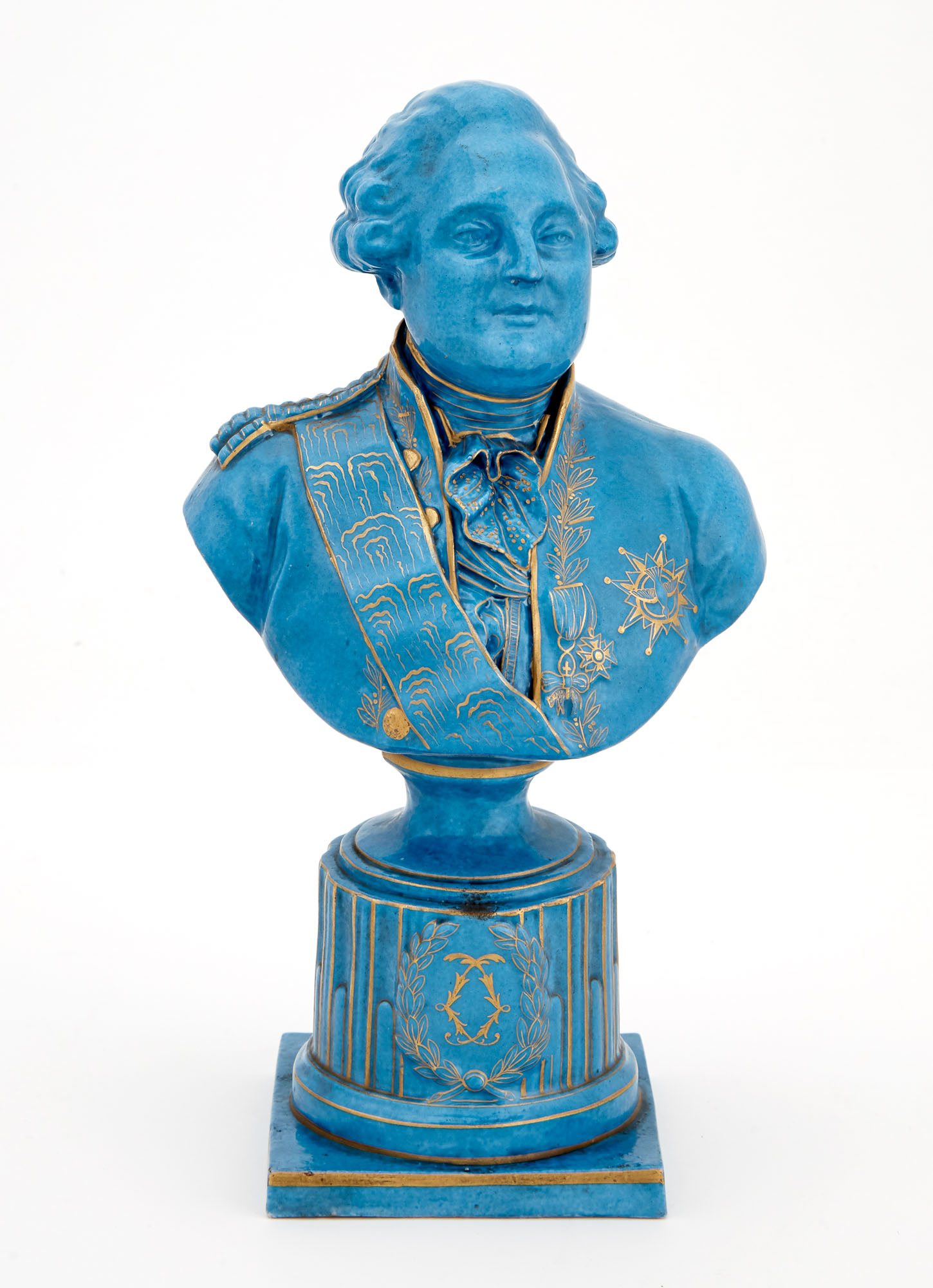 Lot image - Sèvres Style Gilt and Turquoise Ground Porcelain Bust of Louis XVI