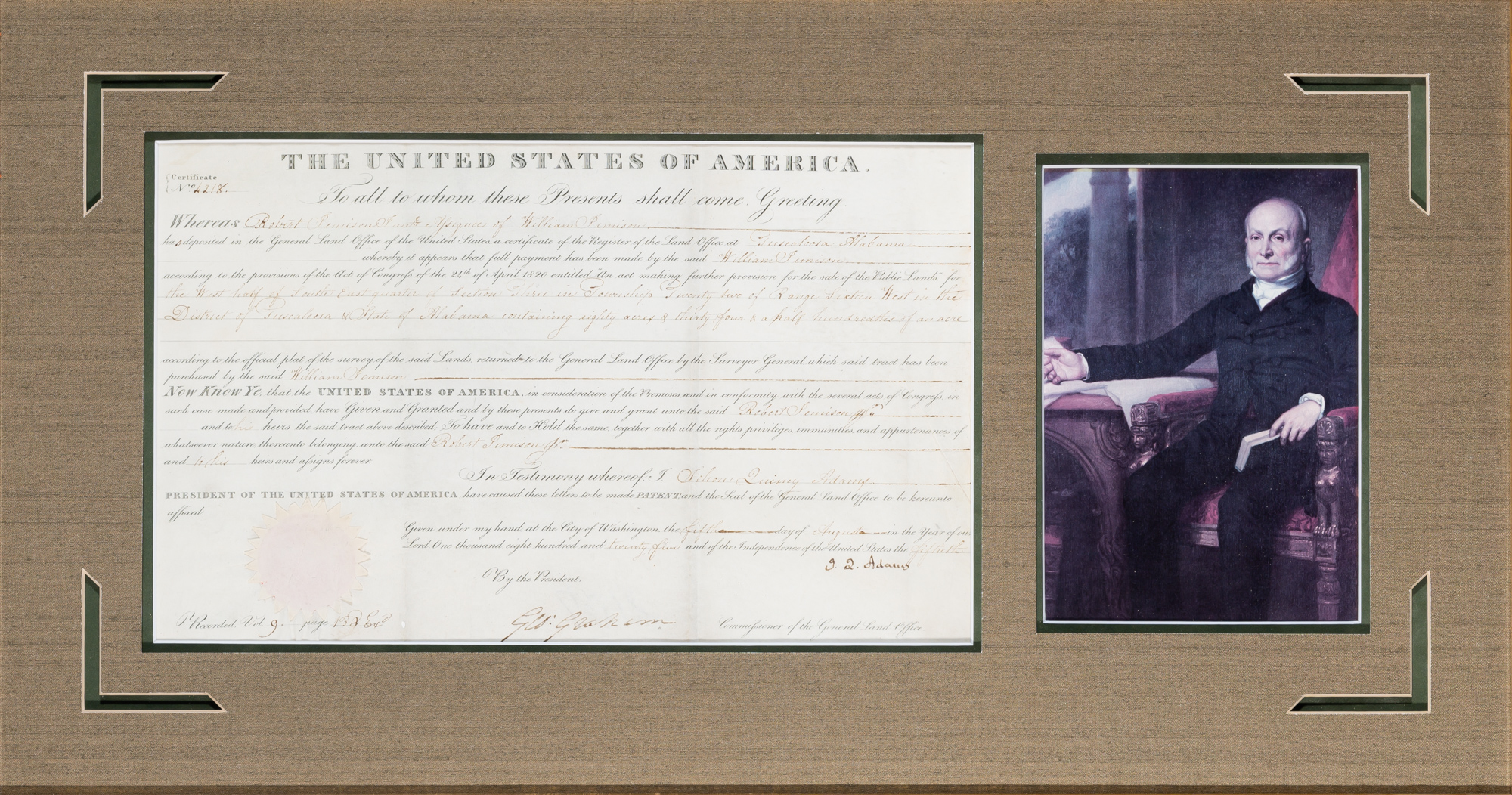 Lot image - ADAMS, JOHN QUINCY  Land Grant signed as President.
