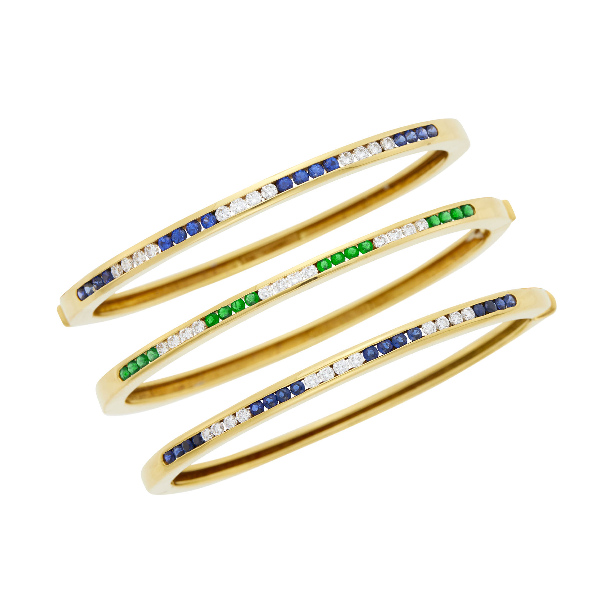 Lot image - Three Tiffany & Co. Gold, Sapphire, Emerald and Diamond Bangle Bracelets