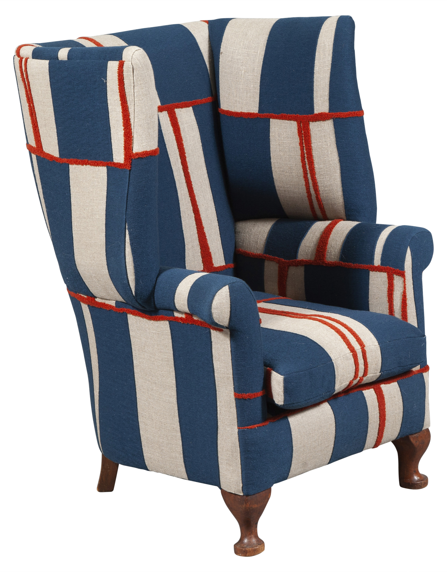 Lot image - George II Style Linen-Upholstered Mahogany Wing Chair