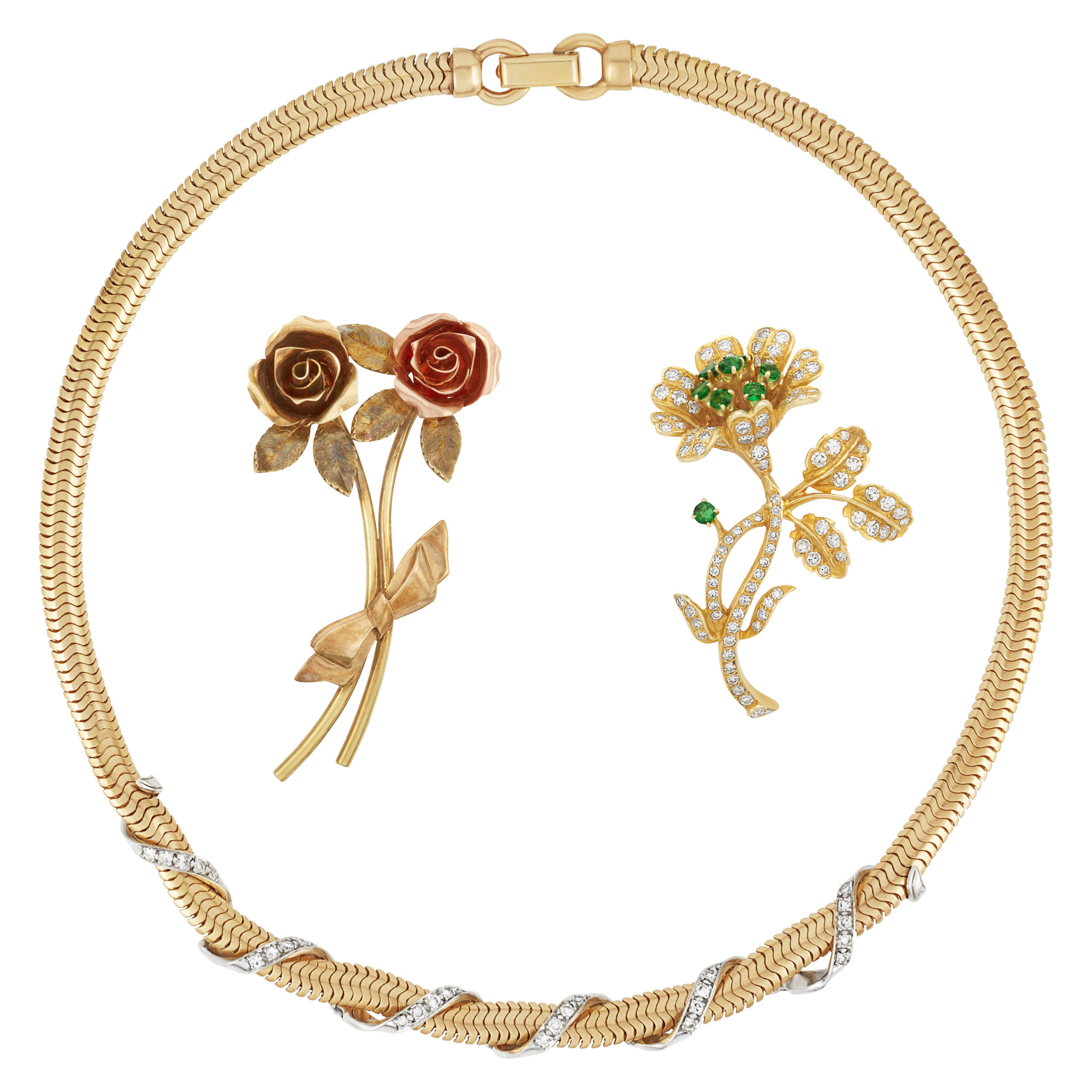 Lot image - Tricolor Gold, Diamond and Emerald Necklace and Two Floral Brooches