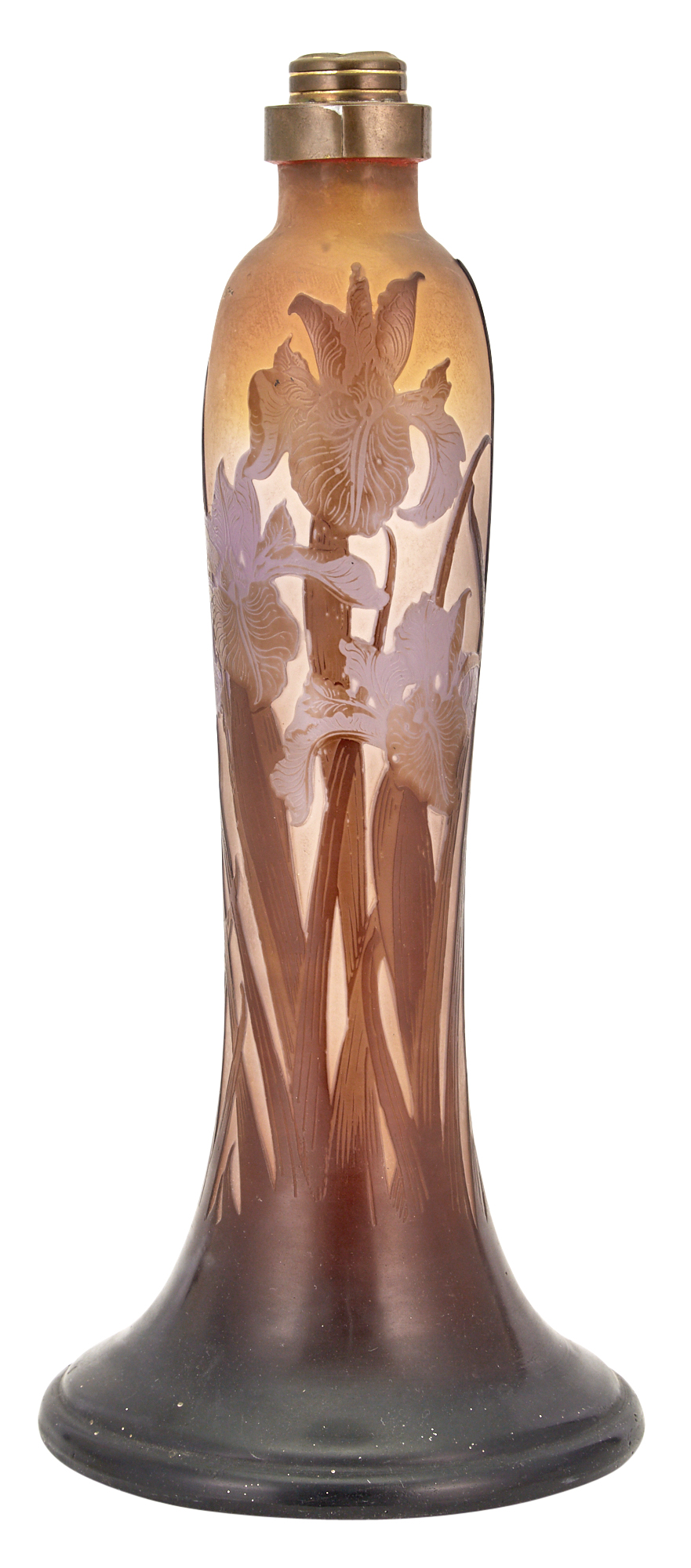 Lot image - Gallé Metal-Mounted Acid-Etched Iris Decorated Cameo Glass Lamp Base