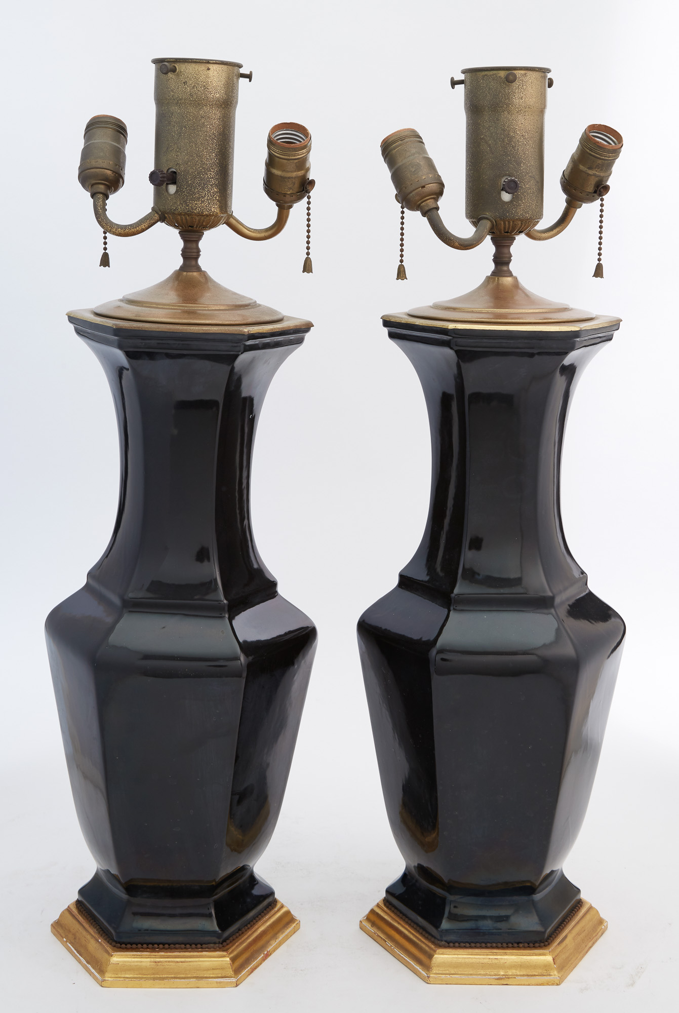 Lot image - Pair of Chinese Style Black Glazed Ceramic Vases Mounted as Lamps