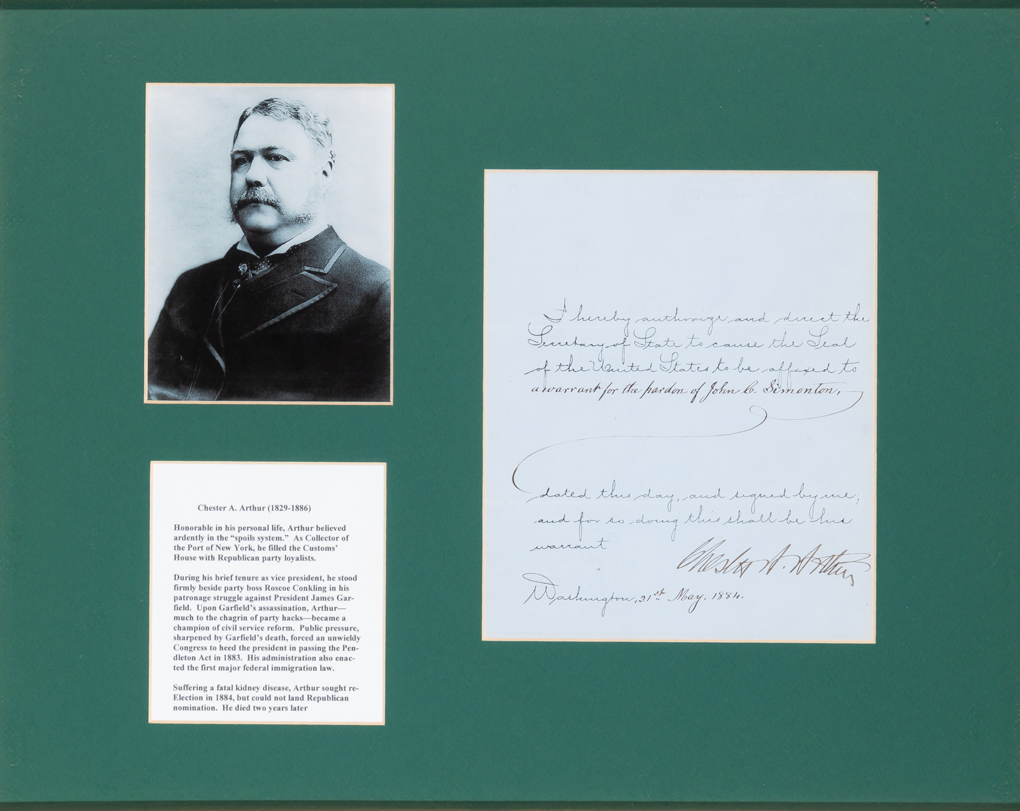Lot image - ARTHUR, CHESTER  Document signed as President.