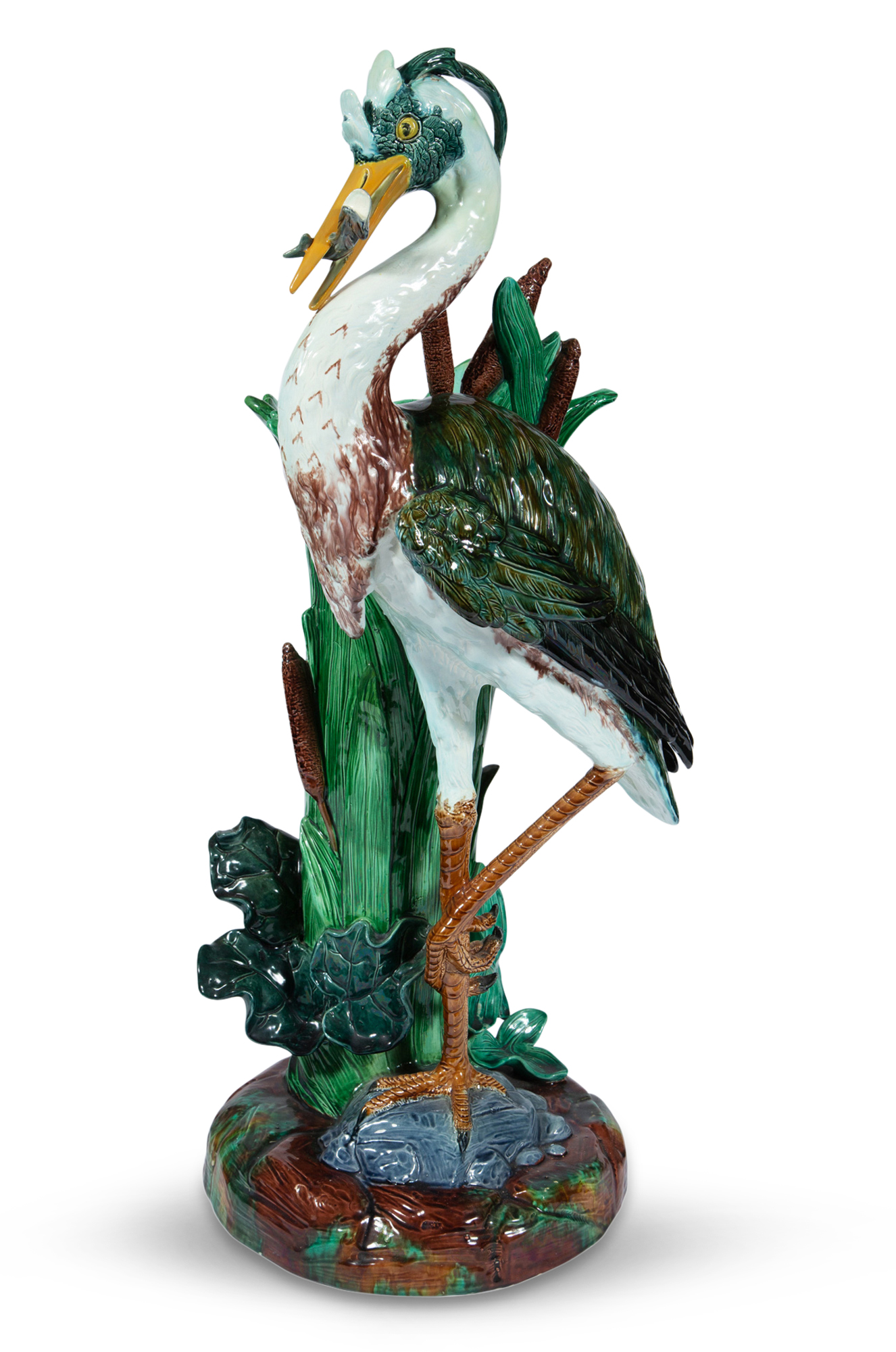 Lot image - Joseph Holdcroft Majolica Heron Large Umbrella or Stick Stand
