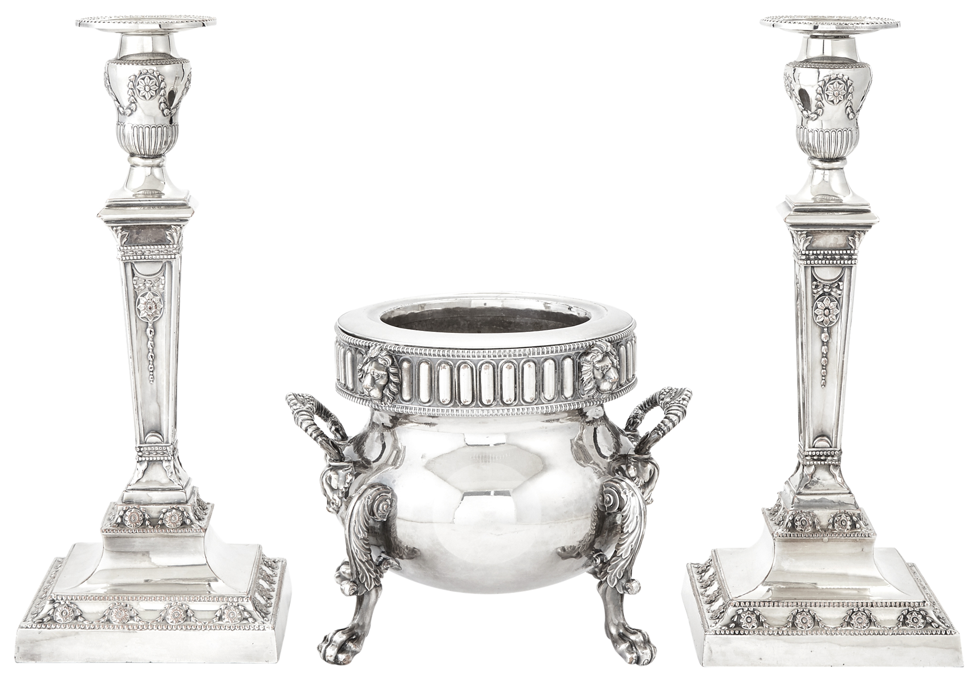 Lot image - Regency Sheffield Plated Wine Cooler and Pair of Adams Style Silver Plated Candlesticks