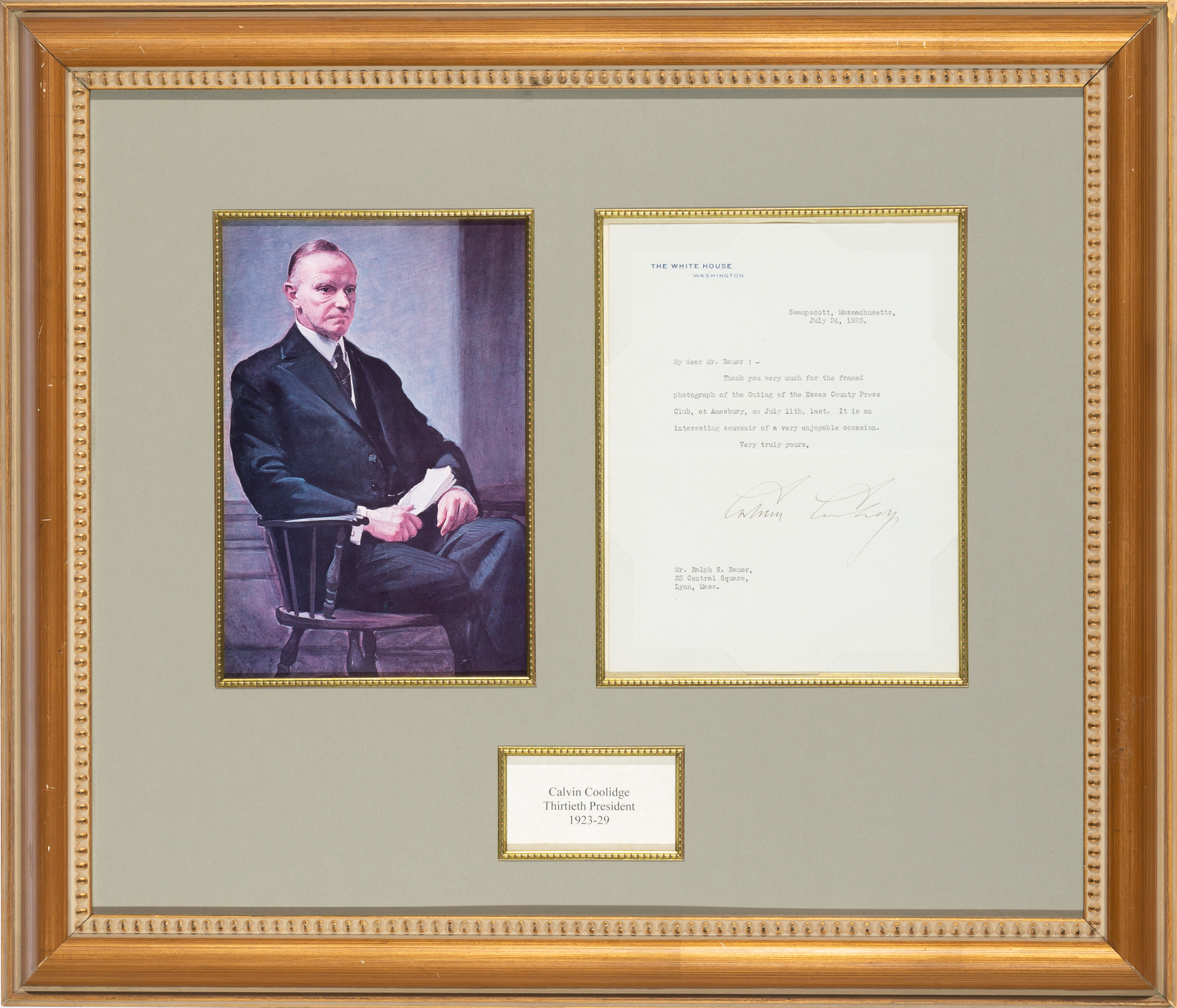 Lot image - COOLIDGE, CALVIN  Typed letter signed as President.