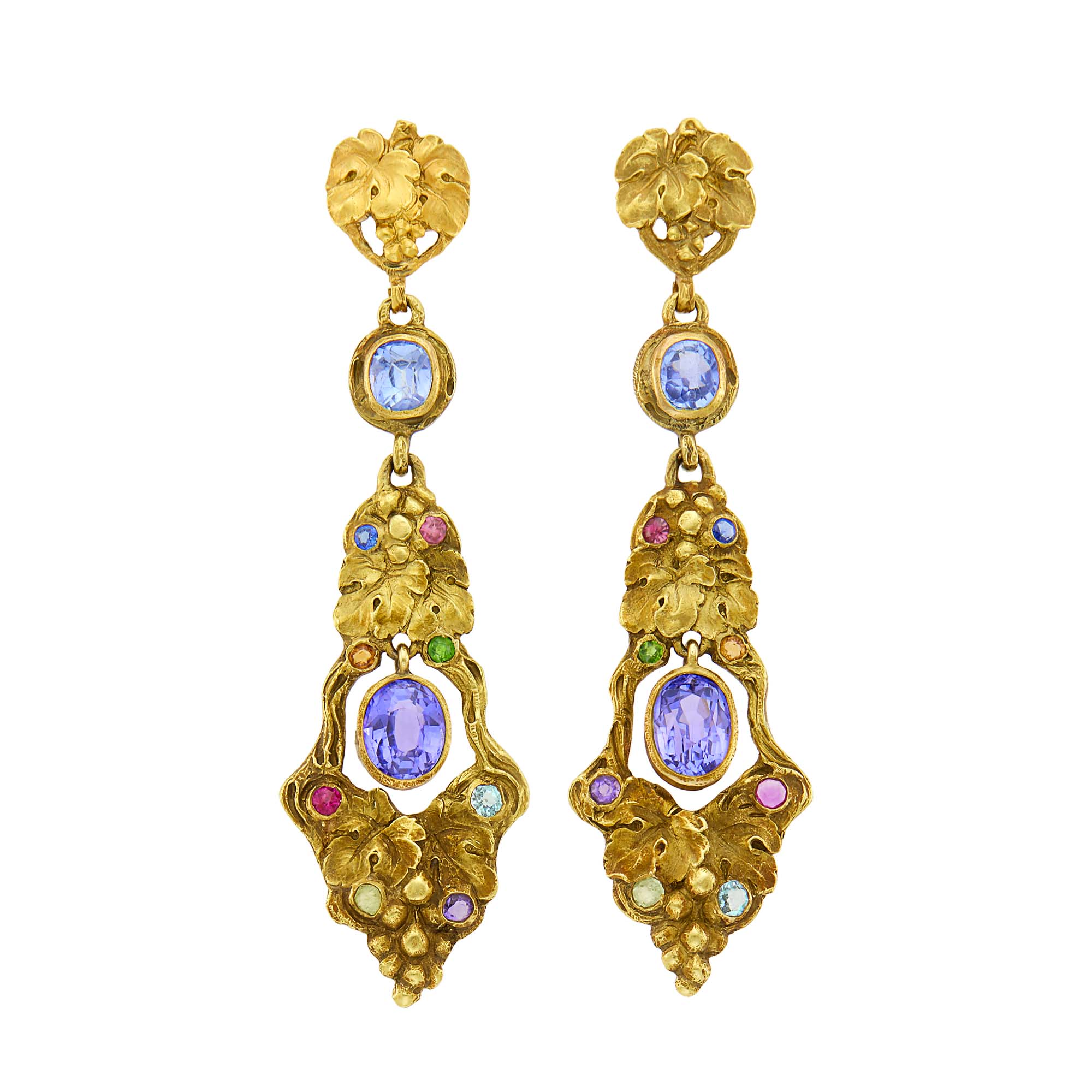 Lot image - Pair of Art Nouveau Gold and Gem-Set Pendant-Earrings