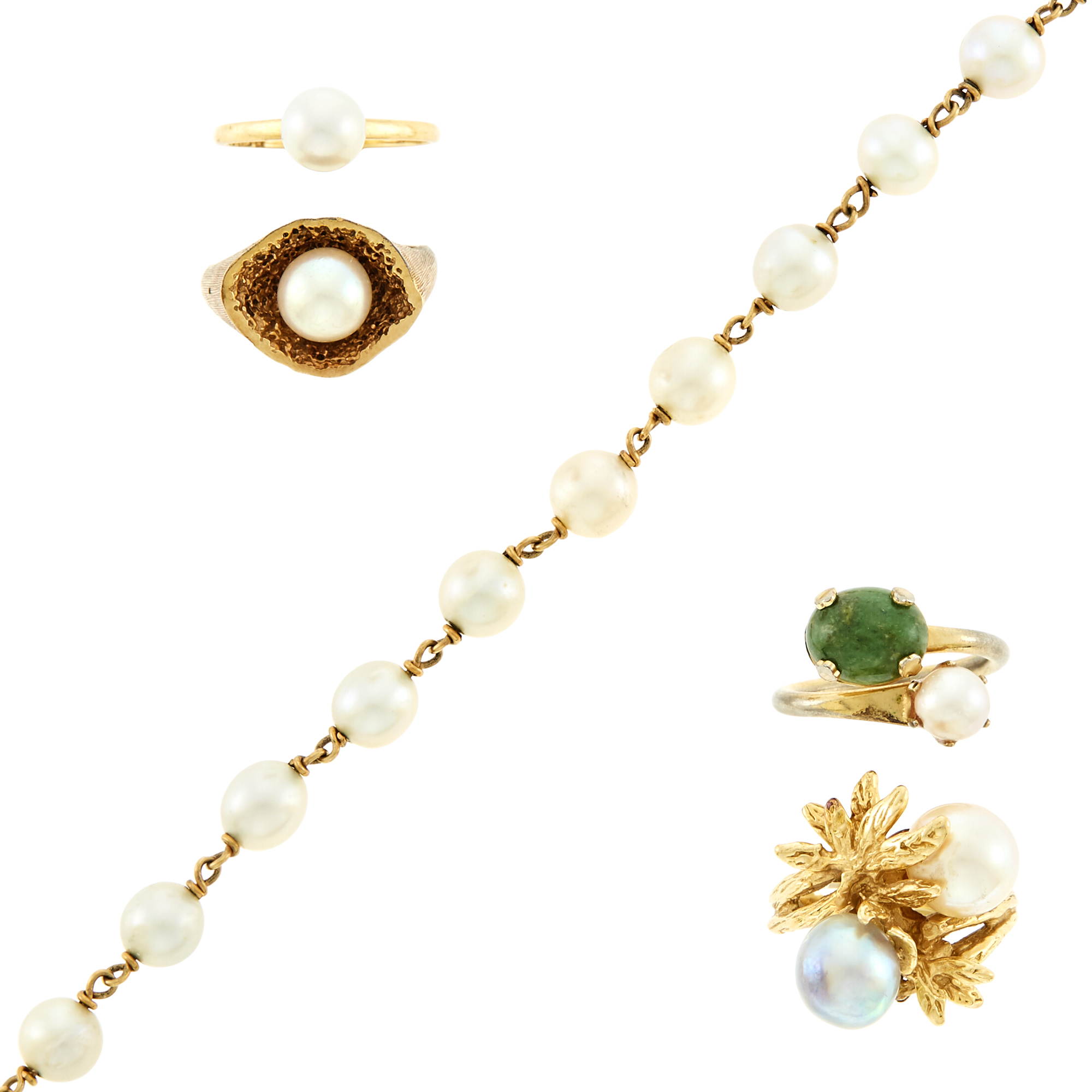 Lot image - Four Gold, Gilt-Metal, Cultured Pearl and Jade Rings and Cultured Pearl Bracelet