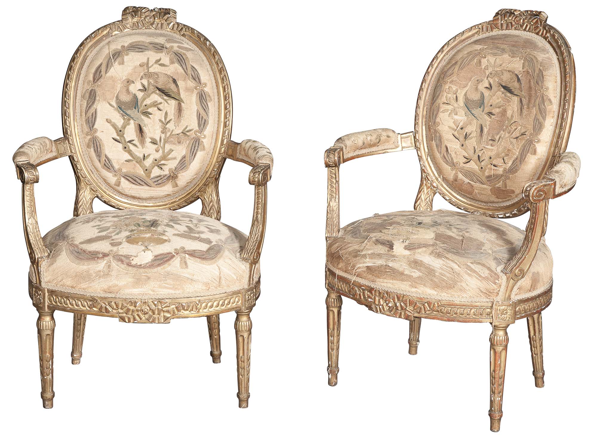 Lot image - Pair of Baltic Neoclassical Silk- and Needlework-Upholstered Giltwood Open Armchairs (Fauteuils en Cabriolet)