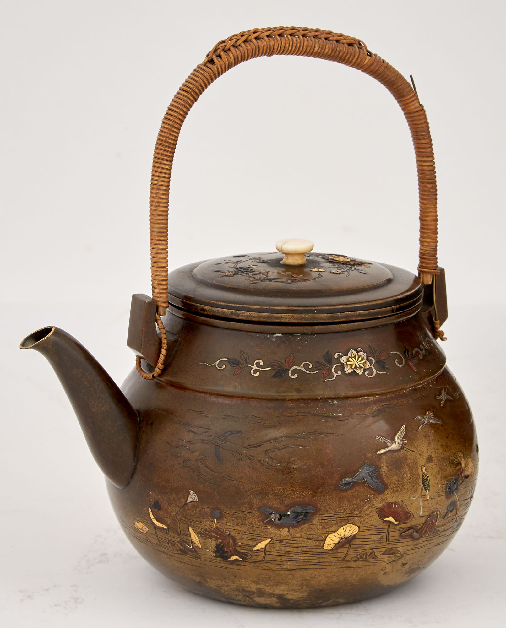 Lot image - Japanese Mixed Metal Inlaid Bronze Teapot