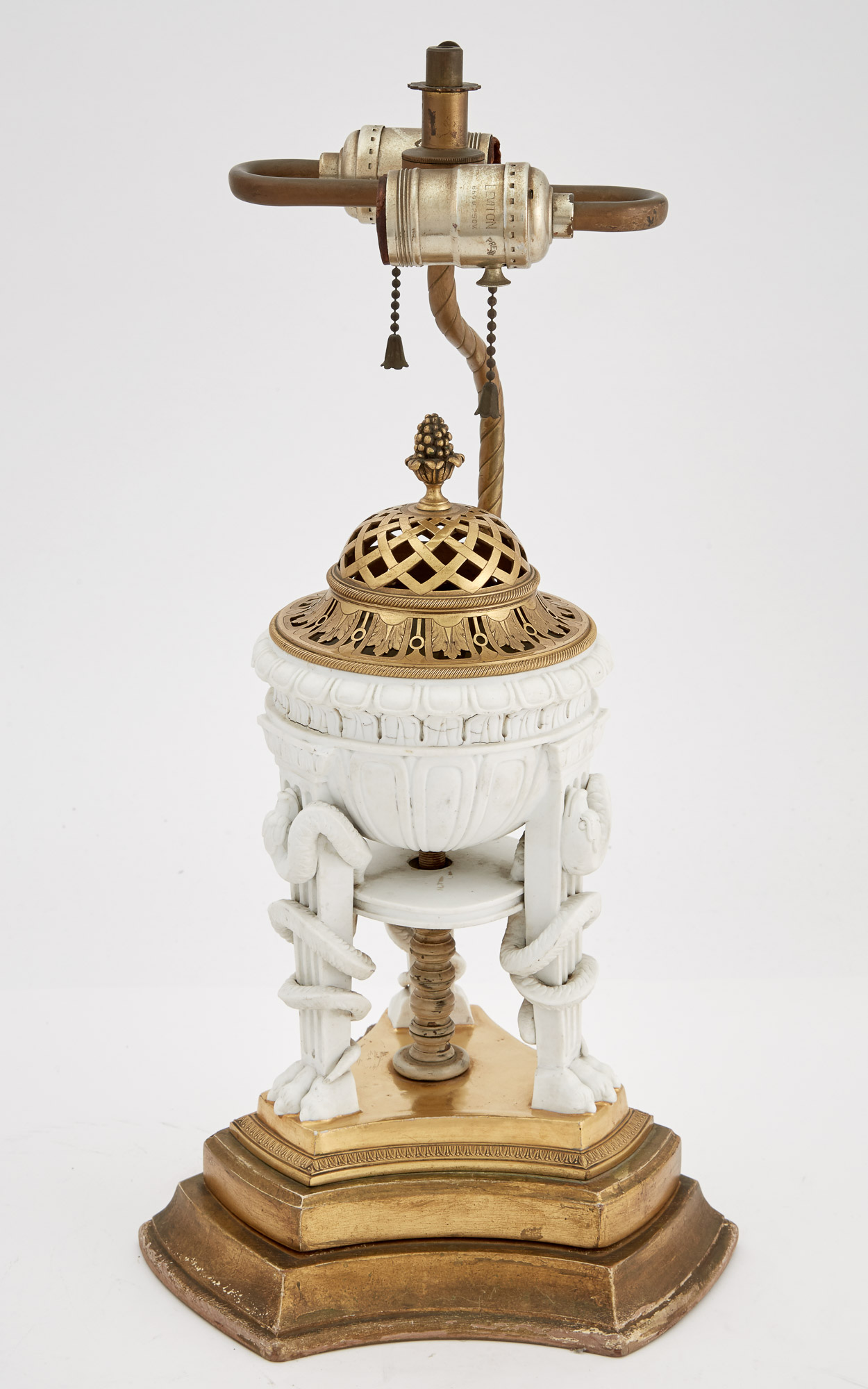 Lot image - French Gilt-Metal Mounted Parcel-Gilt Bisque Porcelain Brazier-Form Lamp