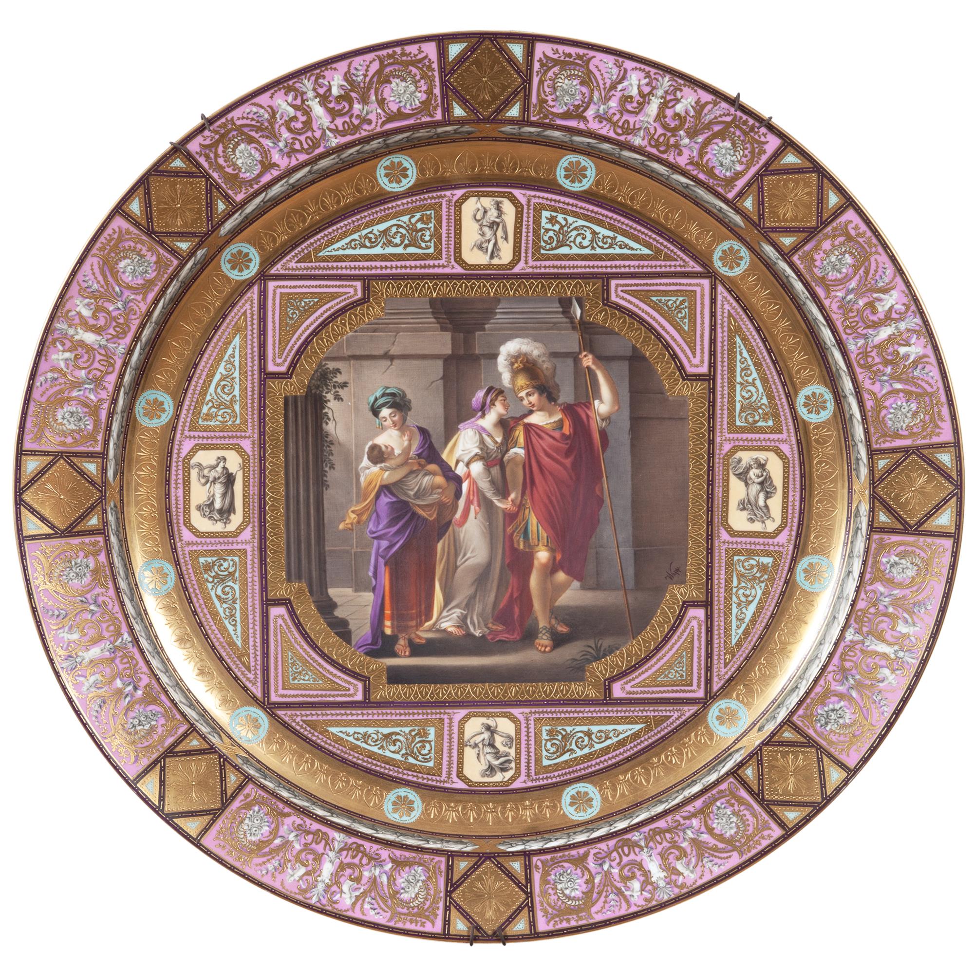 Lot image - Vienna Style Gilt and Hand-Painted Gold and Pink Ground Porcelain Allegorical Charger