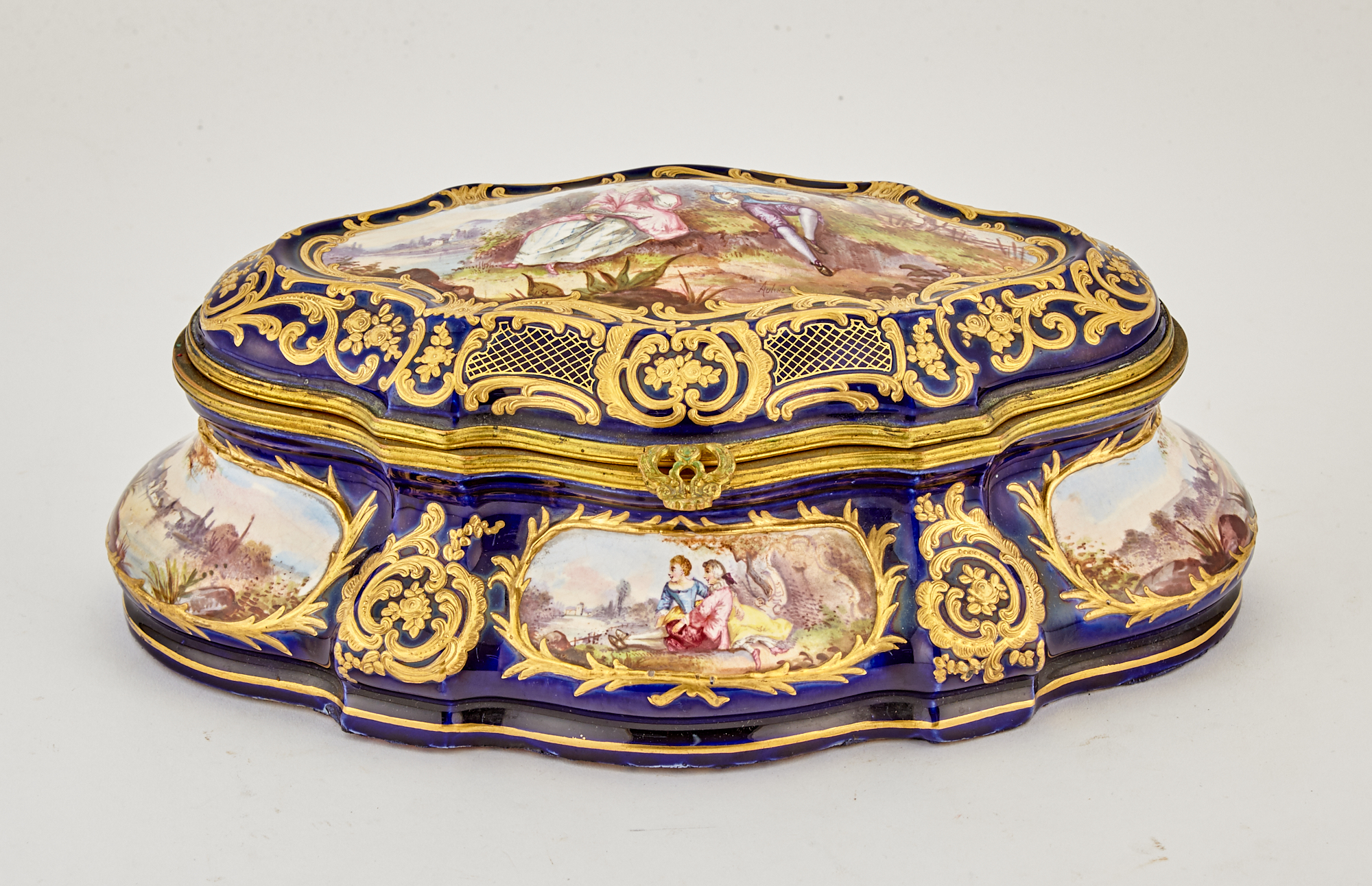 Lot image - Sèvres Style Gilt-Metal Mounted Gilt and Hand-Painted Cobalt Ground Porcelain Jewelry Box