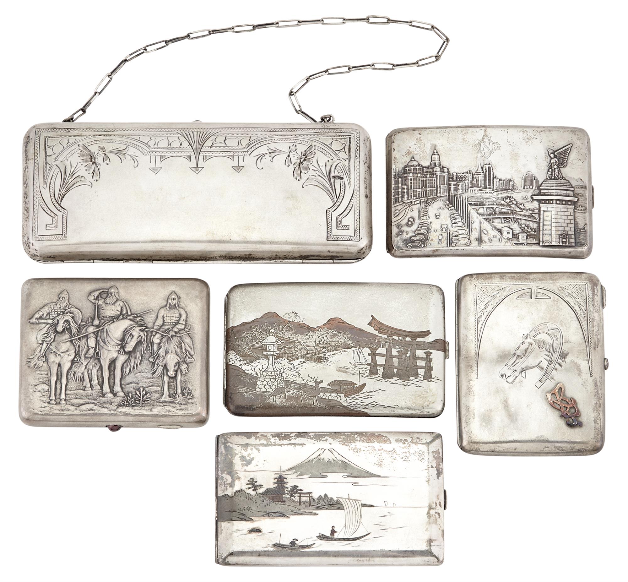 Lot image - Soviet Era Silver Cigarette Case and Silver Purse; Together with a Continental Silver Cigarette Case and Group of Three Asian Silver Cigarette Cases