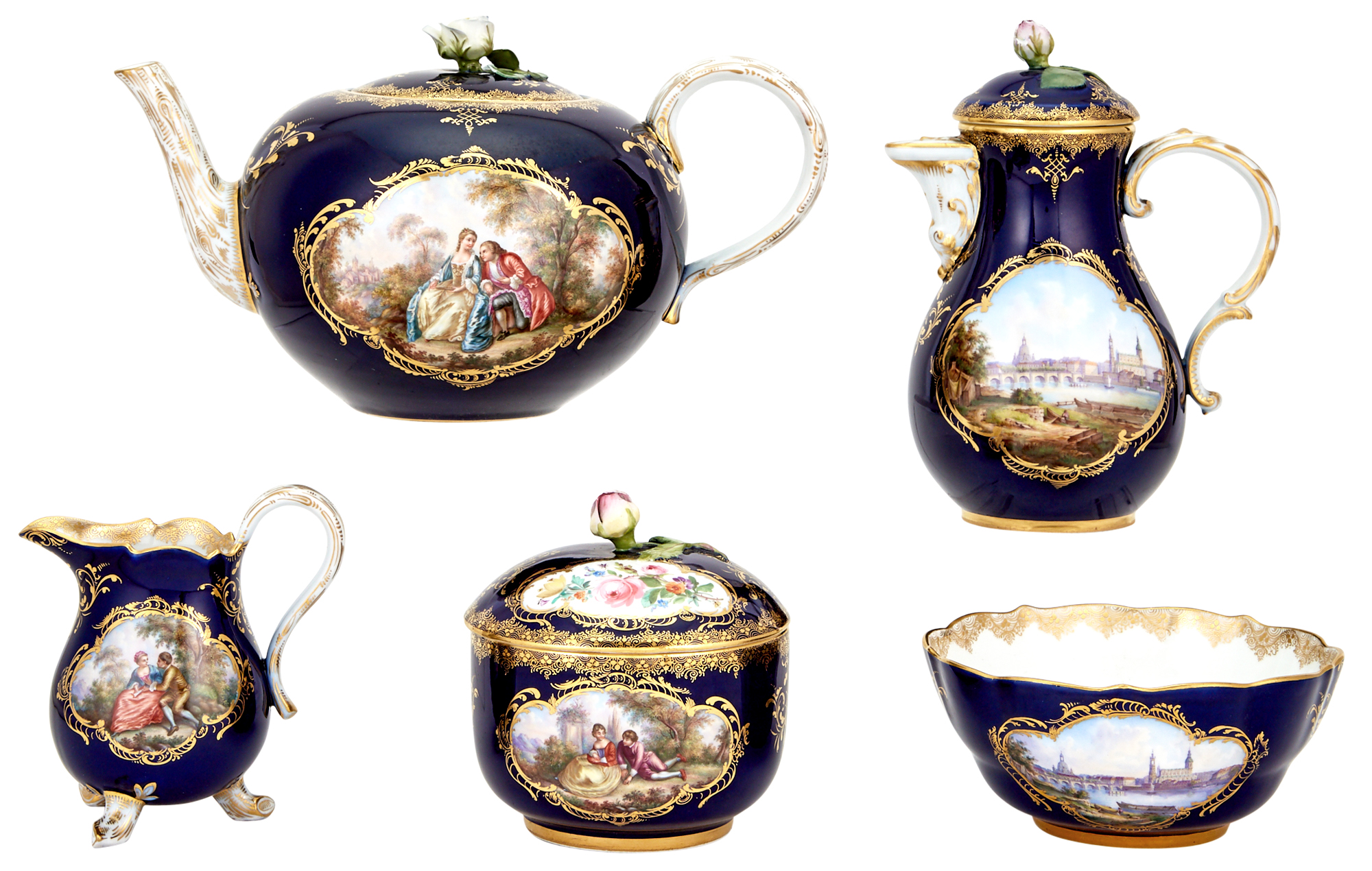 Lot image - Assembled Meissen Gilt and Hand-Painted Cobalt Ground Porcelain Four-Piece Tea Service