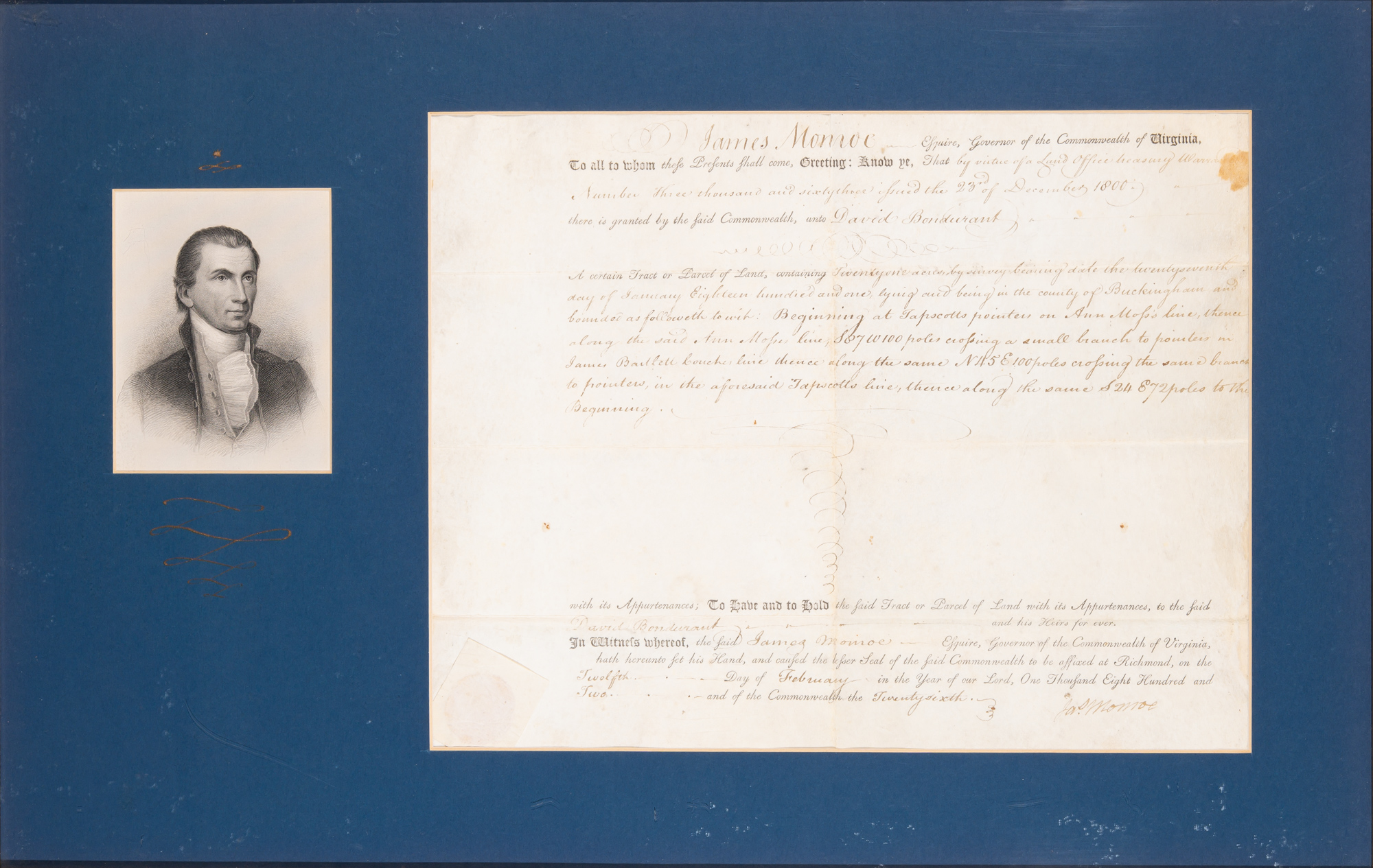 Lot image - MONROE, JAMES  Land grant signed as Governor of Virginia.