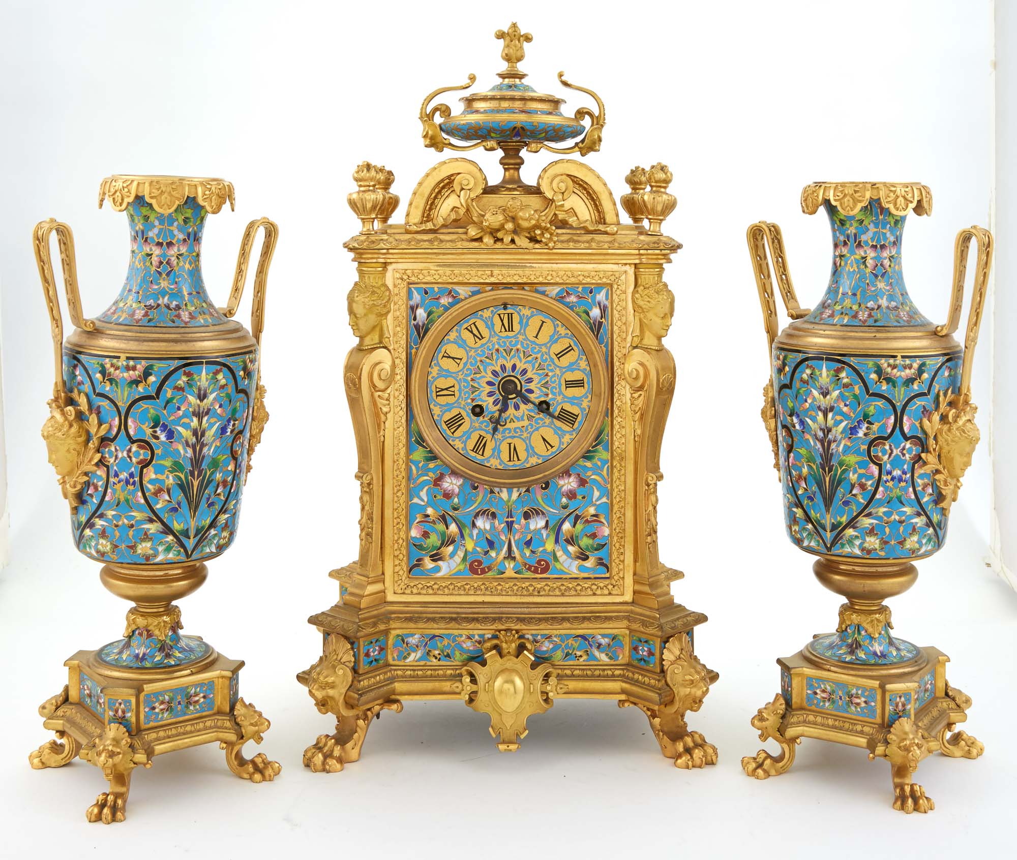 Lot image - French Three-Piece Champlevé Enamel and Gilt-Bronze Clock Garniture