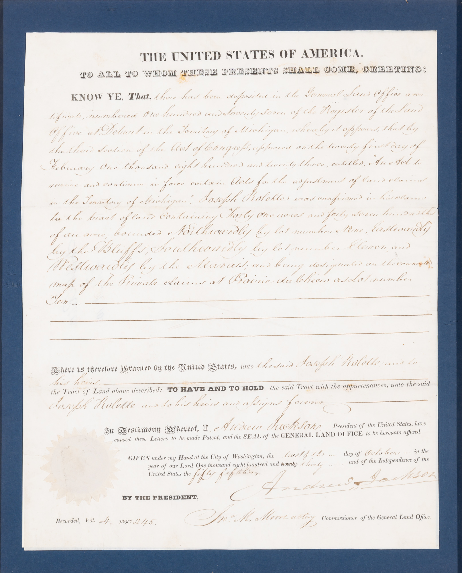 Lot image - JACKSON, ANDREW  Land grant signed as President.