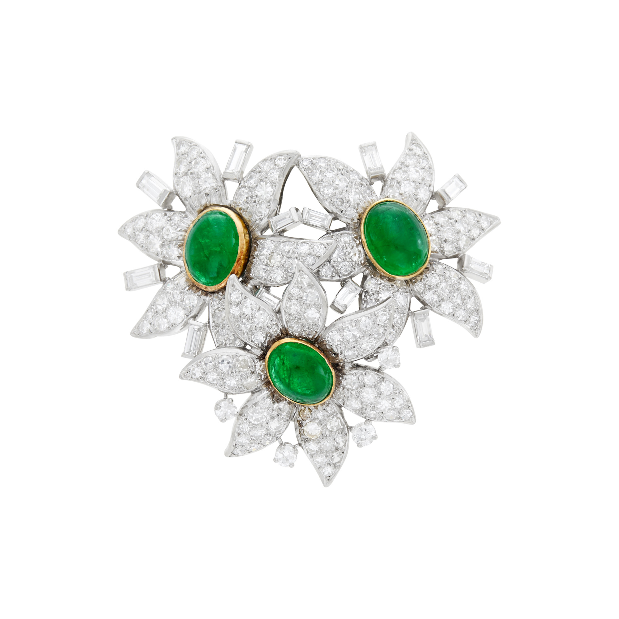 Lot image - Schlumberger Monture Platinum, Gold, Cabochon Emerald and Diamond Floral Clip-Brooch, France