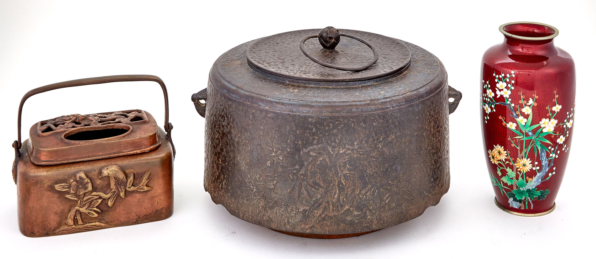 Lot image - Japanese Iron Hibachi Cooler and Cover; Together with a Bronze Hand Warmer and Cloisonné Enamel Vase