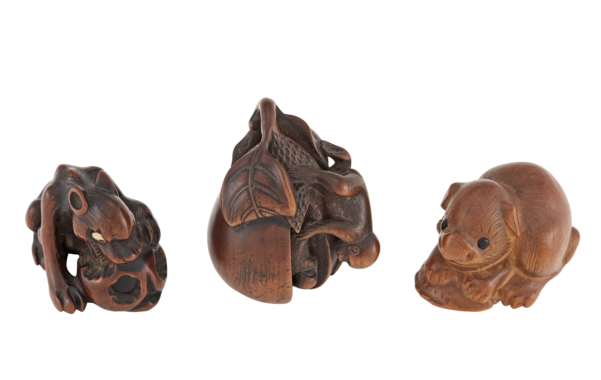 Lot image - Group of Three Japanese Boxwood Netsuke